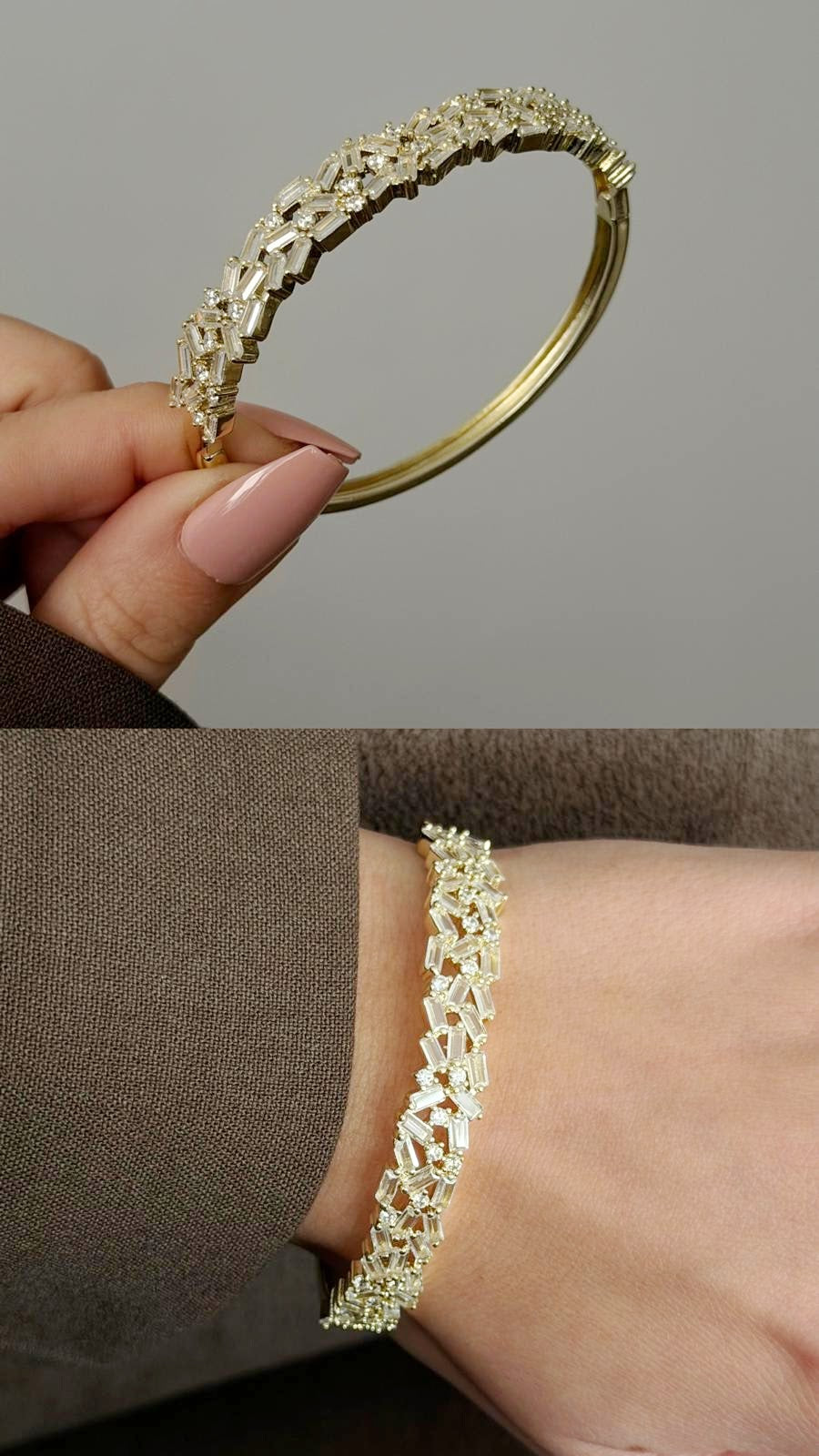 Gold Jagged Baguette CZ Pave Wide Hinged Cuff Bangle - CW1CUFF0030 | Wholesale Stainless Steel Jewelry Catwalk Jewellery Europe