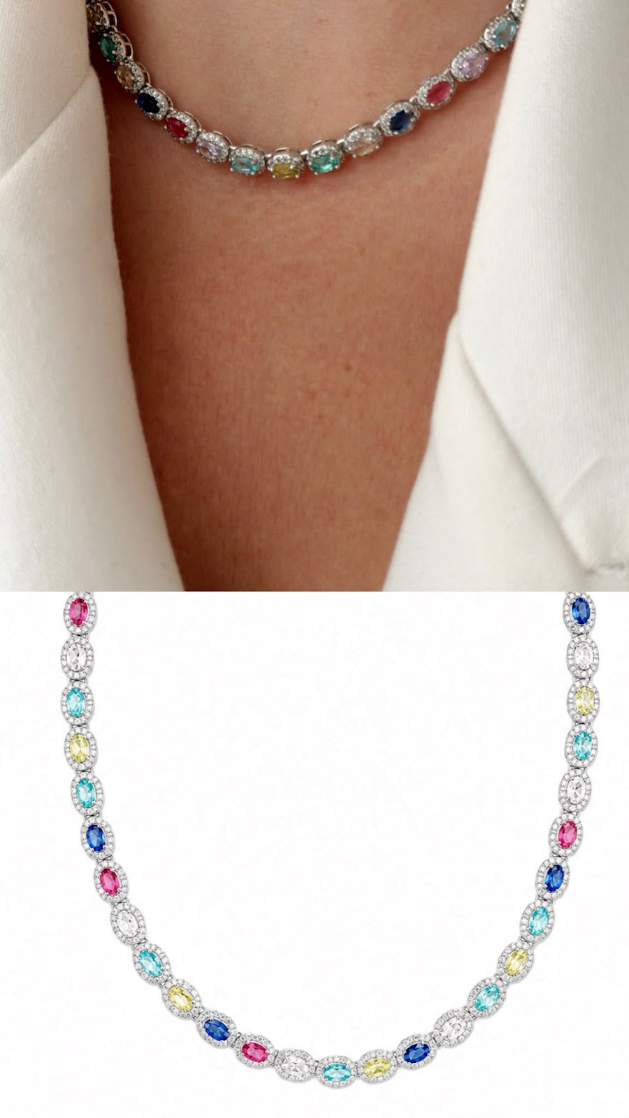 Silver Multicolor CZ Oval Halo Tennis Necklace - CW1NKL00138 | Wholesale Stainless Steel Jewelry Catwalk Jewellery Europe