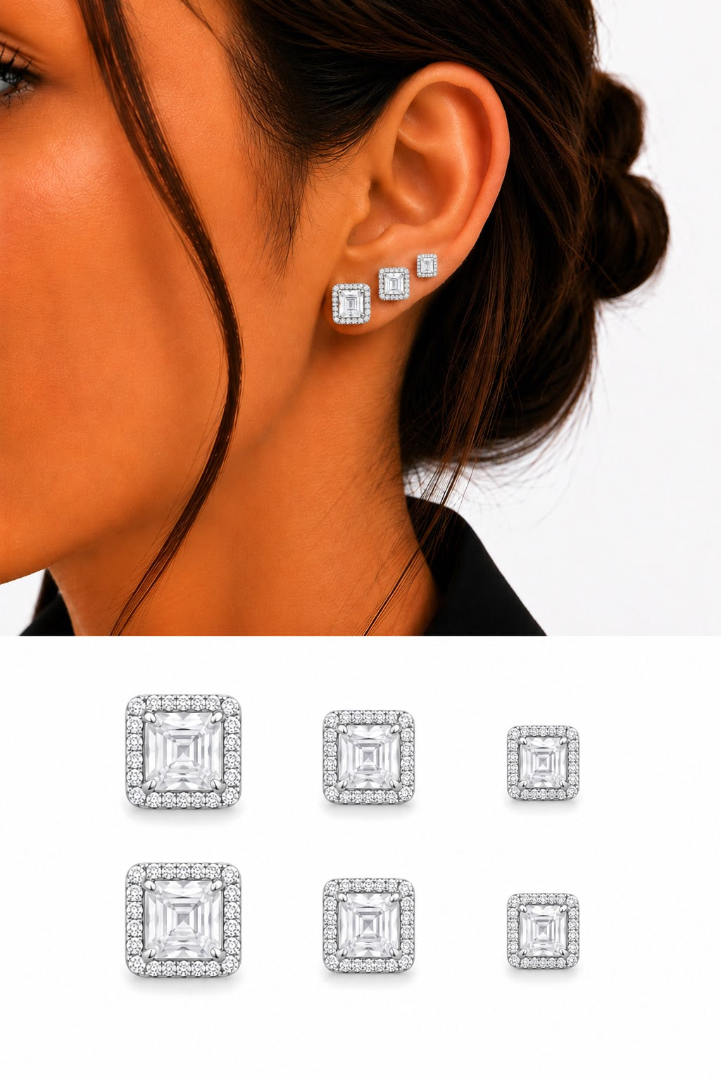 Silver Clear Square Cut CZ Halo Graduated Stud Earring Set Of 3 - CW1VPEARNG00298 | Wholesale Stainless Steel Jewelry Catwalk Jewellery Europe