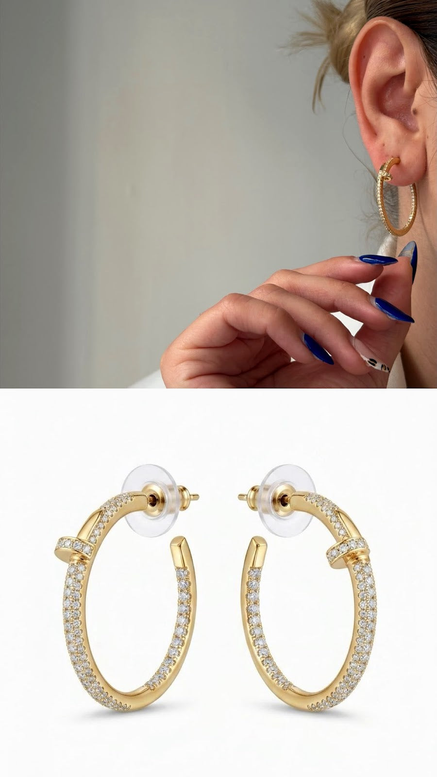 Gold CZ Pave Nail Motif C Hoop Edgy Statement Earrings - CW1VPEARNG00263 | Wholesale Stainless Steel Jewelry Catwalk Jewellery Europe