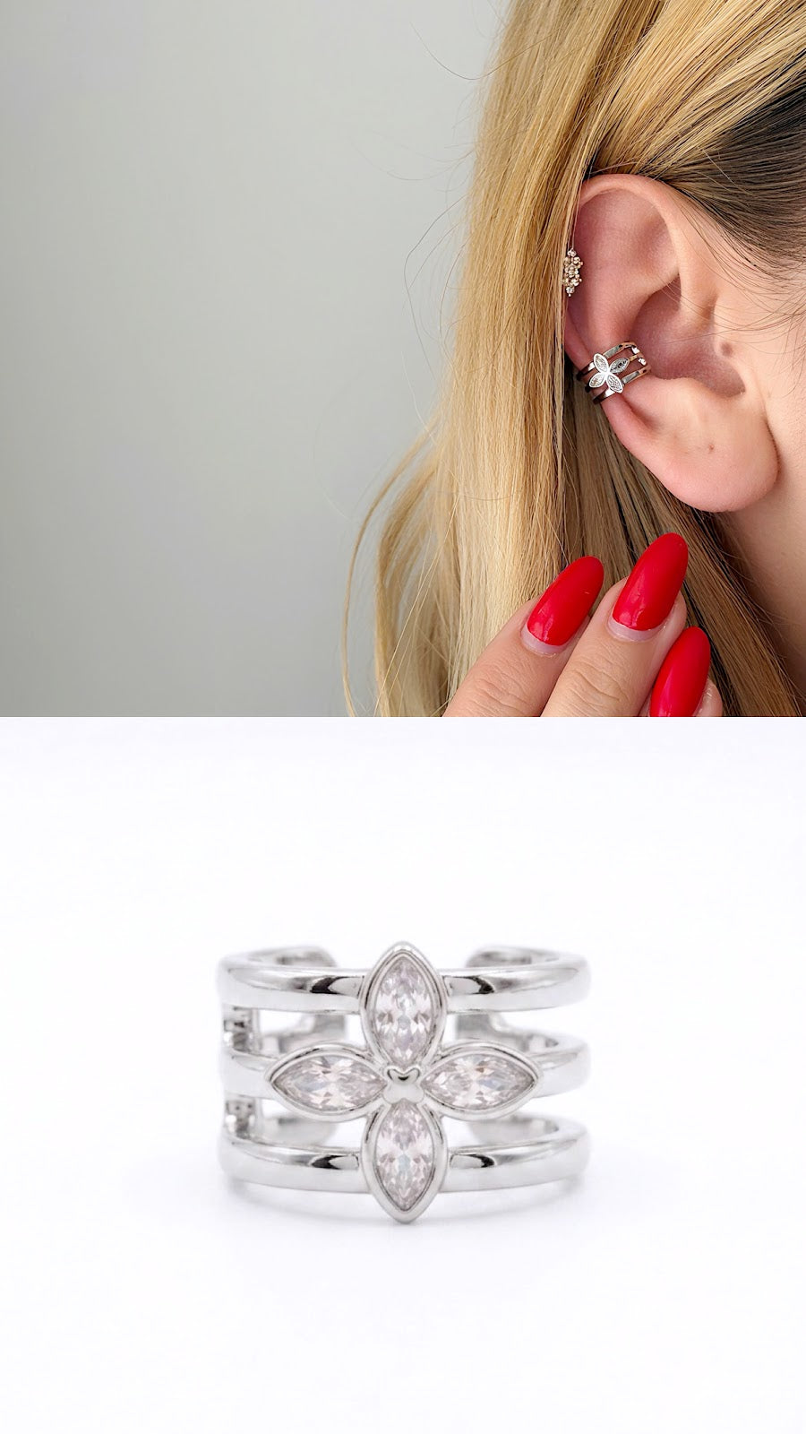 Silver Marquise CZ Flower Triple Band Ear Cuff - CW1EARCUFF0075 | Wholesale Stainless Steel Jewelry Catwalk Jewellery Europe