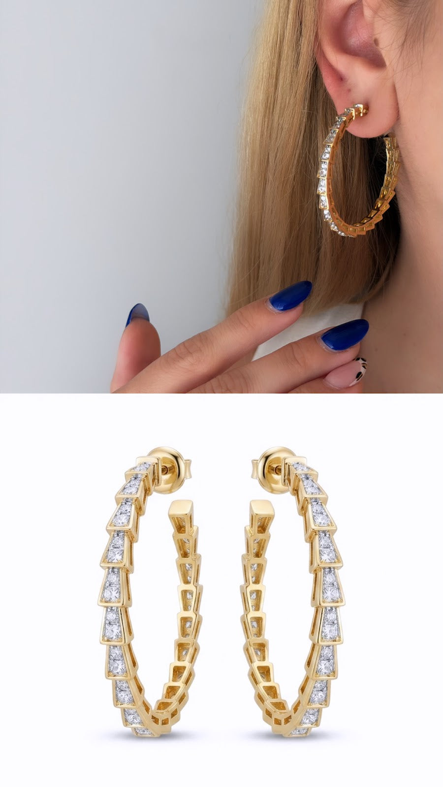 Gold CZ Pave Textured Geometric Block C Hoop Statement Earrings - CW1VPEARNG00314 | Wholesale Stainless Steel Jewelry Catwalk Jewellery Europe