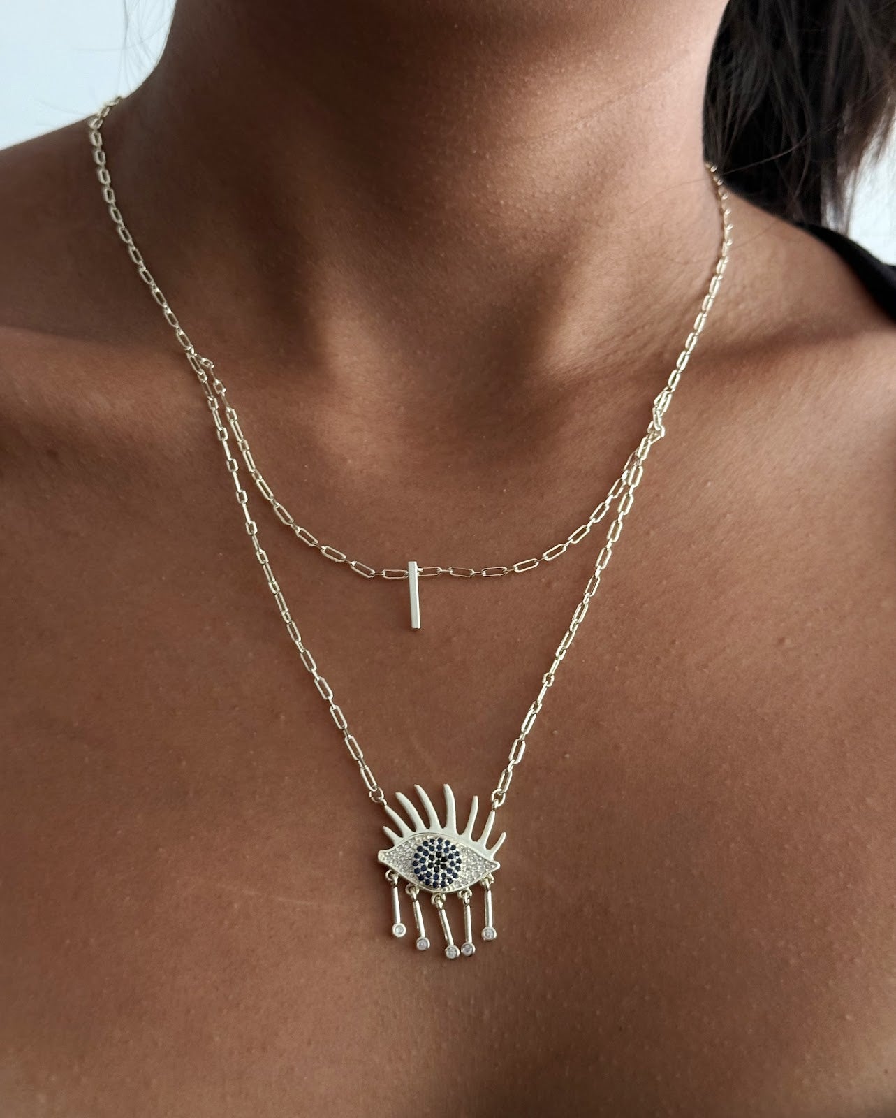 Gold CZ Pave Eyelash Evil Eye Double Layer Paperclip Chain Y Necklace - CW1YNECKLACE009 | Wholesale Stainless Steel Jewelry Catwalk Jewellery Europe