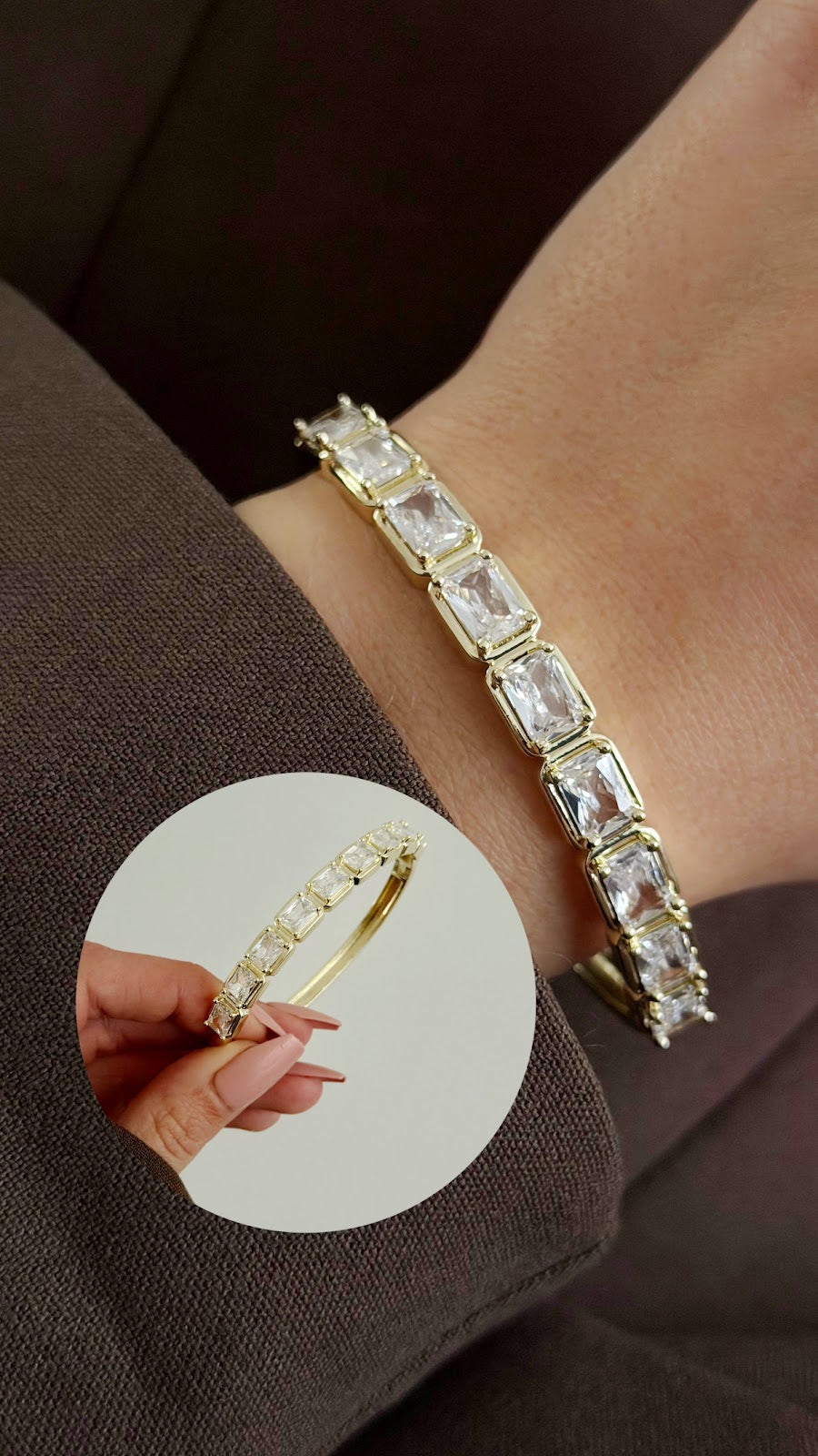 Gold Emerald Cut Baguette CZ Bezel Hinged Cuff Bangle - CW1CUFF0020 | Wholesale Stainless Steel Jewelry Catwalk Jewellery Europe