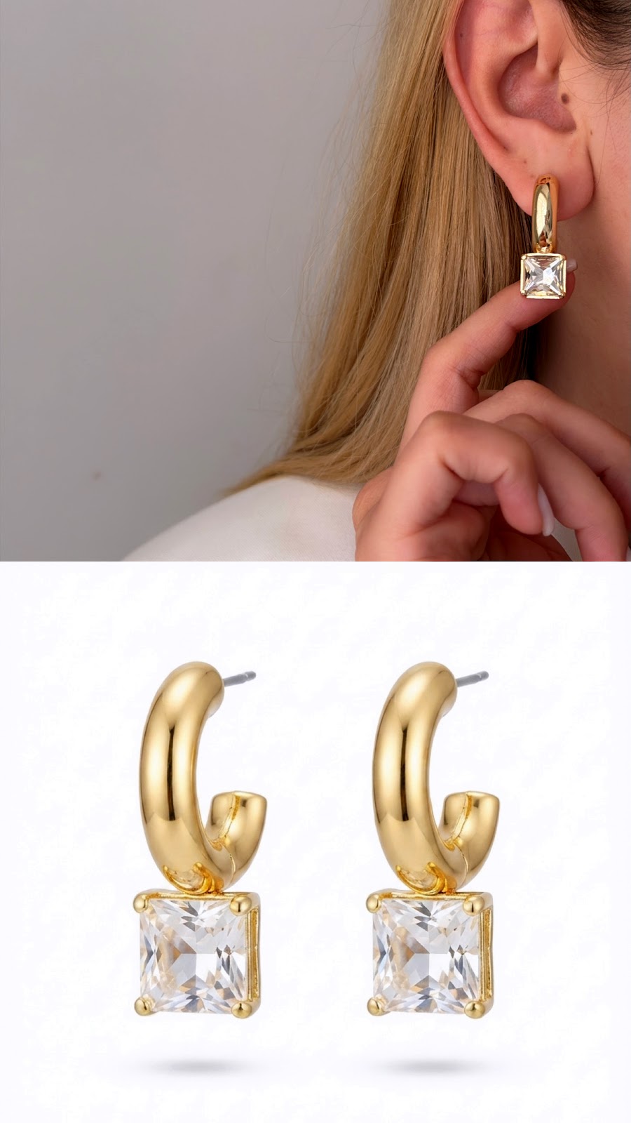 Gold Chunky C Hoop Princess Cut CZ Solitaire Dangle Statement Earrings - CW1VPEARNG00270 | Wholesale Stainless Steel Jewelry Catwalk Jewellery Europe