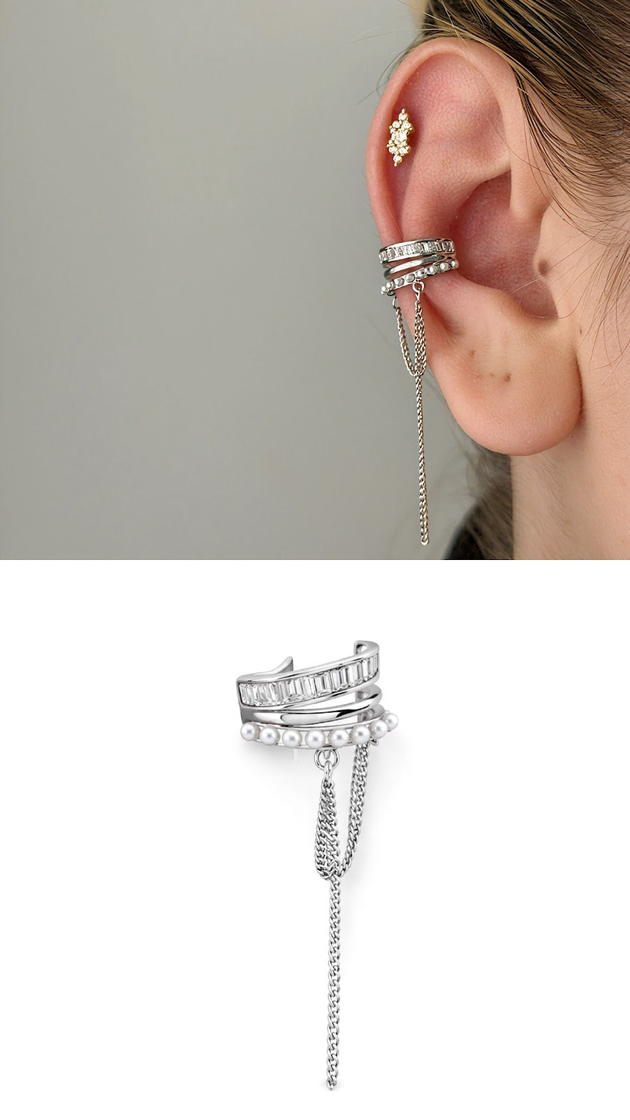 Silver Pearl And Baguette CZ Dangle Chain Ear Cuff Alternate Angle - CW1EARCUFF00106 | Wholesale Stainless Steel Jewelry Catwalk Jewellery Europe
