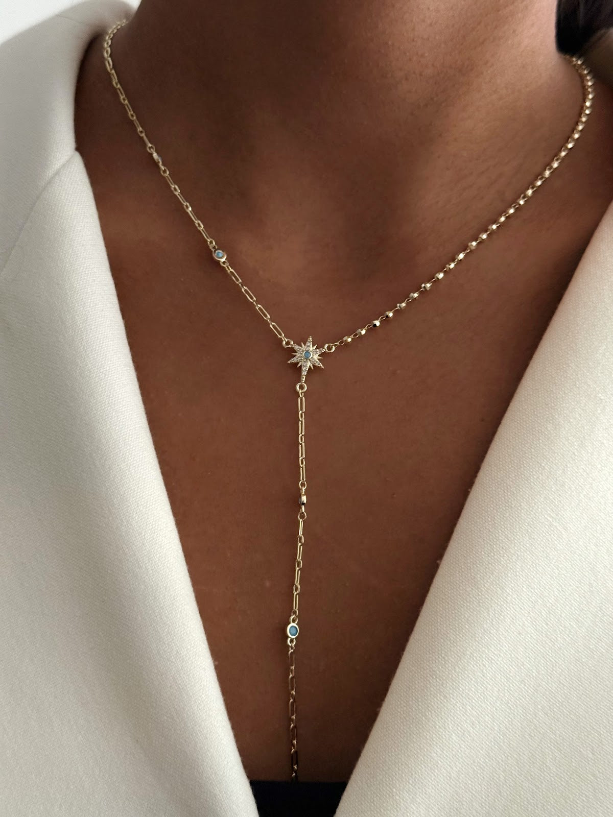 Gold CZ Pave North Star Turquoise Accent Drop Y Necklace - CW1YNECKLACE001 | Wholesale Stainless Steel Jewelry Catwalk Jewellery Europe