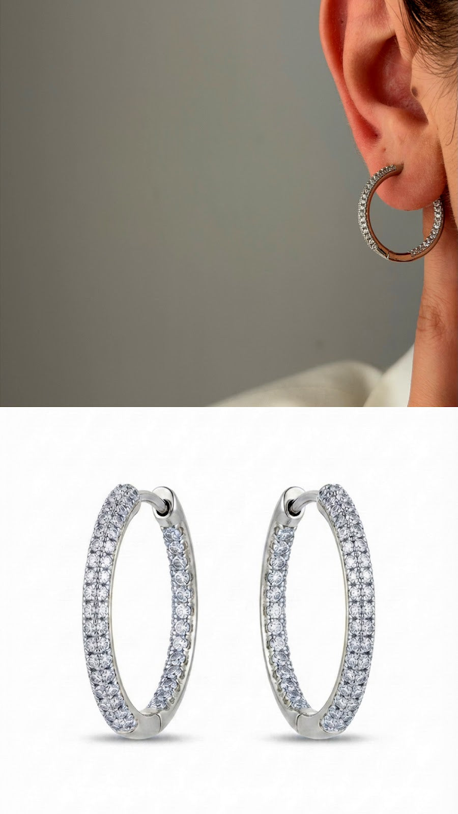 Silver CZ Pave Classic Slim Hoop Earrings - CW1VPEARNG00224 | Wholesale Stainless Steel Jewelry Catwalk Jewellery Europe