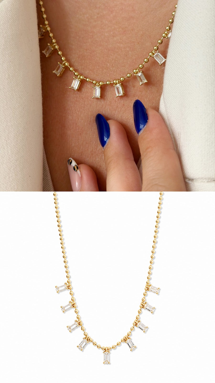 Gold Baguette CZ Dangle Fringe Beaded Ball Chain Necklace - CW1NKL0087 | Wholesale Stainless Steel Jewelry Catwalk Jewellery Europe