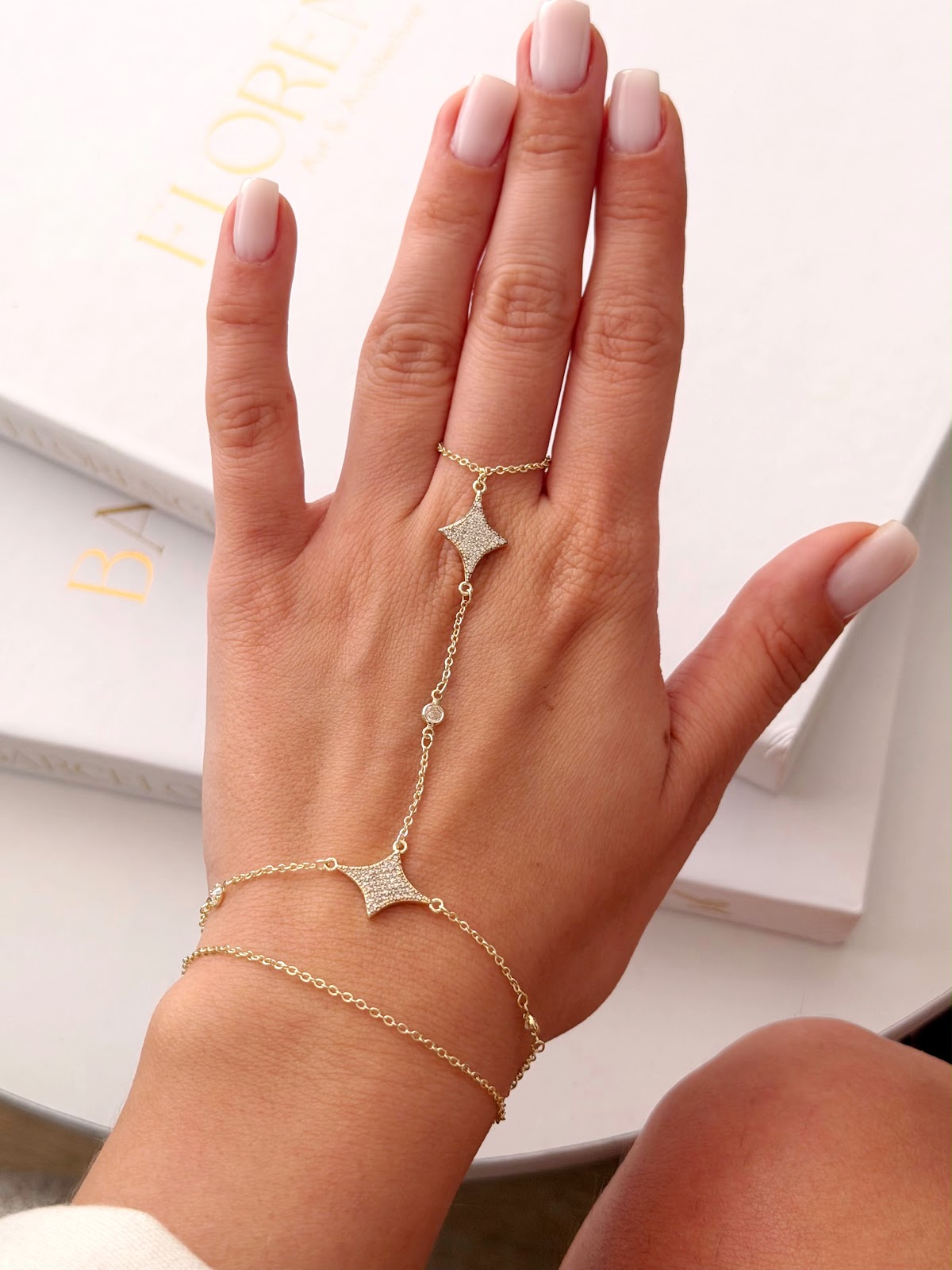 Gold CZ Pave Four Point Star Station Hand Chain - CW1HANDCHAIN0035 | Wholesale Stainless Steel Jewelry Catwalk Jewellery Europe