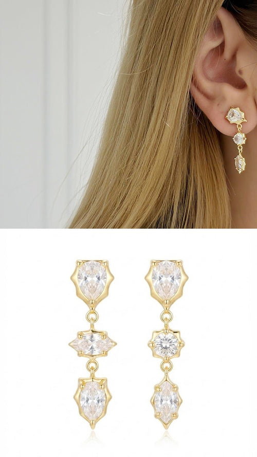 18K Gold Plated Stainless Steel Triple Tier Pear Marquise CZ Drop Earrings Wholesale - CW1VPEARNG00340 | Wholesale Stainless Steel Jewelry Catwalk Jewellery Europe