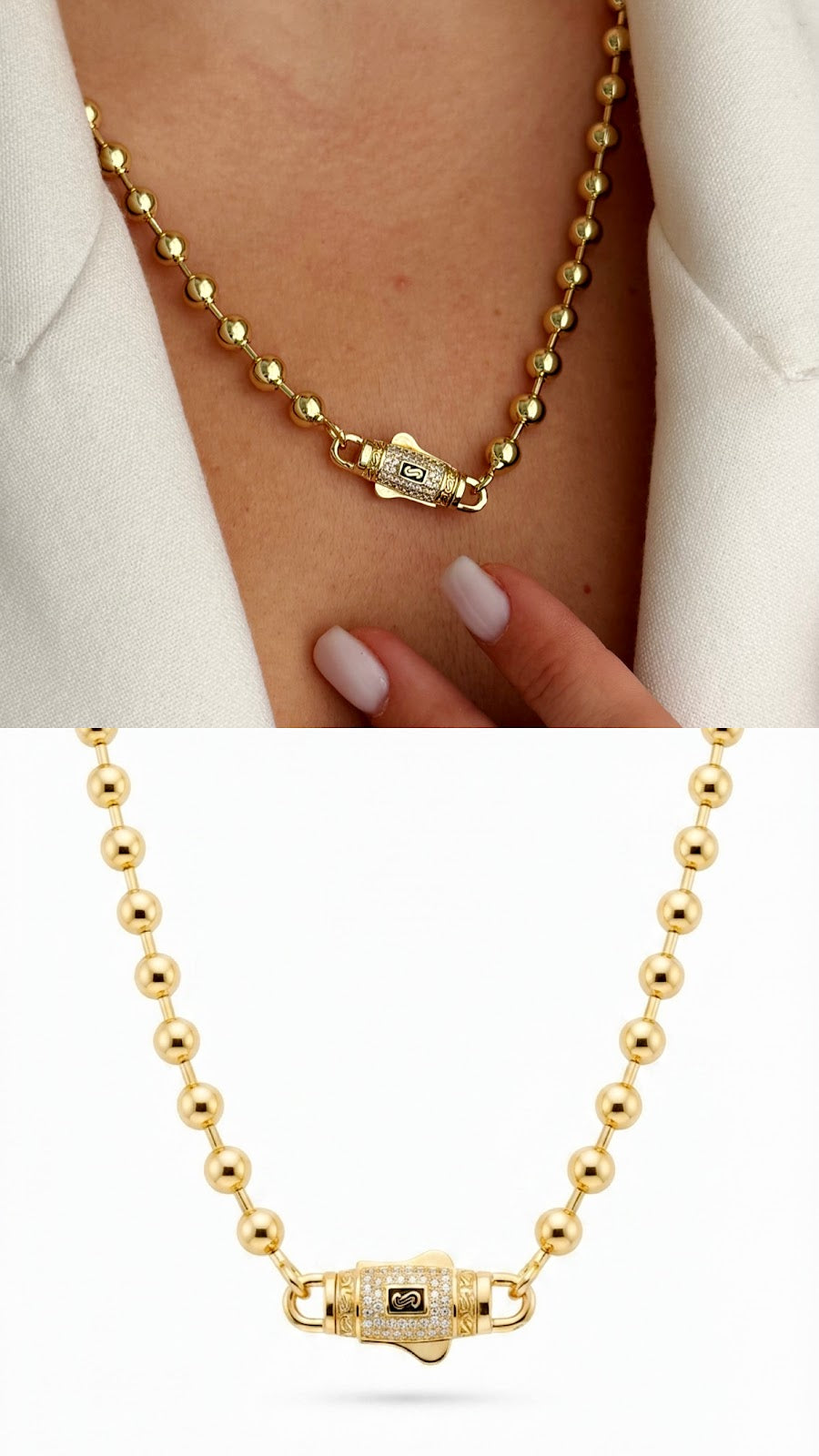 Gold CZ Pave Designer Clasp Chunky Beaded Ball Chain Necklace - CW1NKL00120 | Wholesale Stainless Steel Jewelry Catwalk Jewellery Europe
