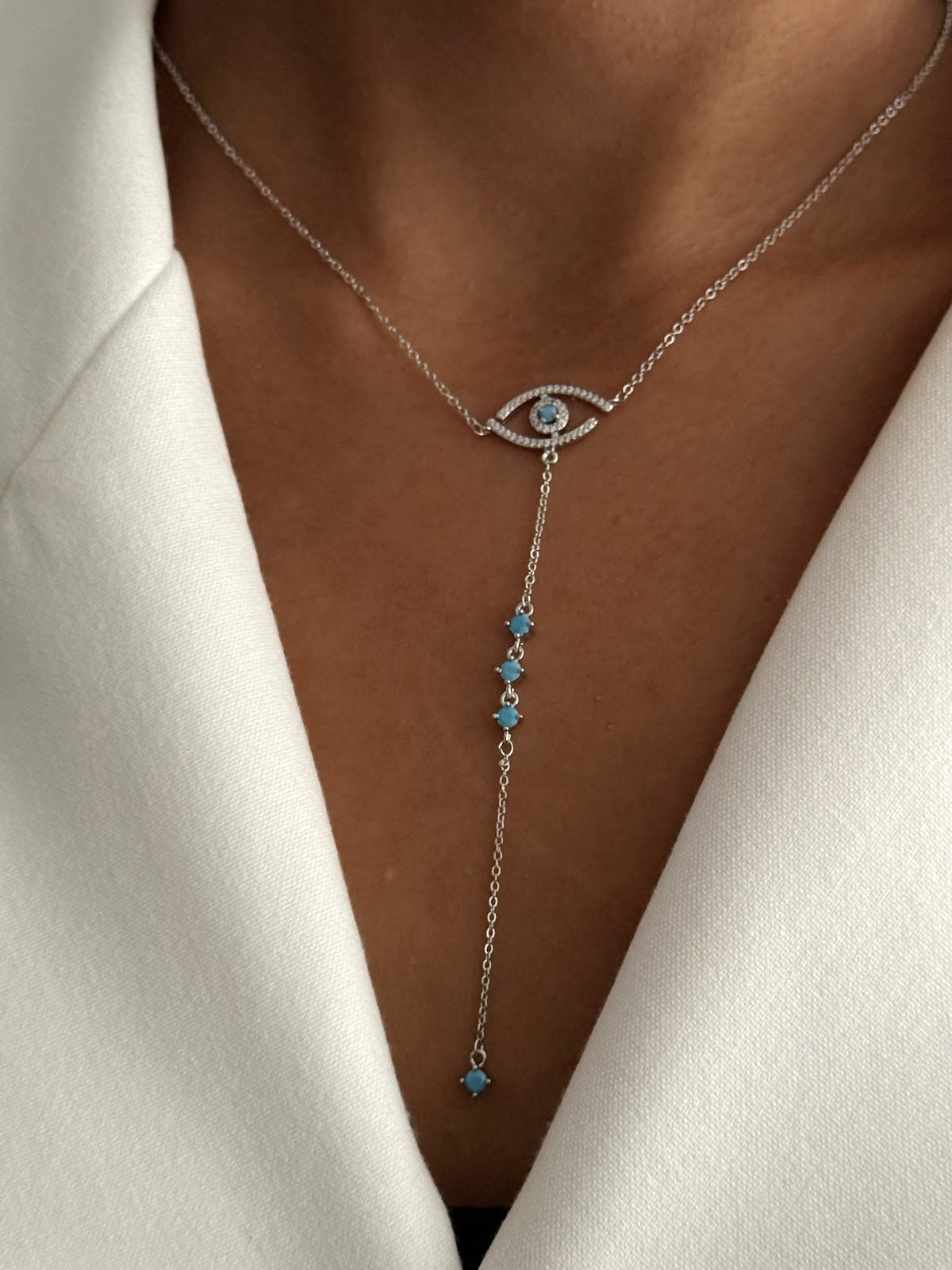 Silver CZ Pave Evil Eye Turquoise Bead Drop Y Necklace - CW1YNECKLACE008 | Wholesale Stainless Steel Jewelry Catwalk Jewellery Europe