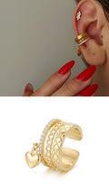 Gold Quilted Coco Pattern Dangle Heart Multi Band Ear Cuff - CW1EARCUFF00121 | Wholesale Stainless Steel Jewelry Catwalk Jewellery Europe