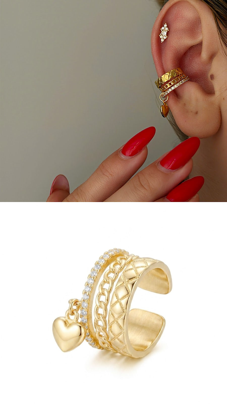 Gold Quilted Coco Pattern Dangle Heart Multi Band Ear Cuff - CW1EARCUFF00121 | Wholesale Stainless Steel Jewelry Catwalk Jewellery Europe