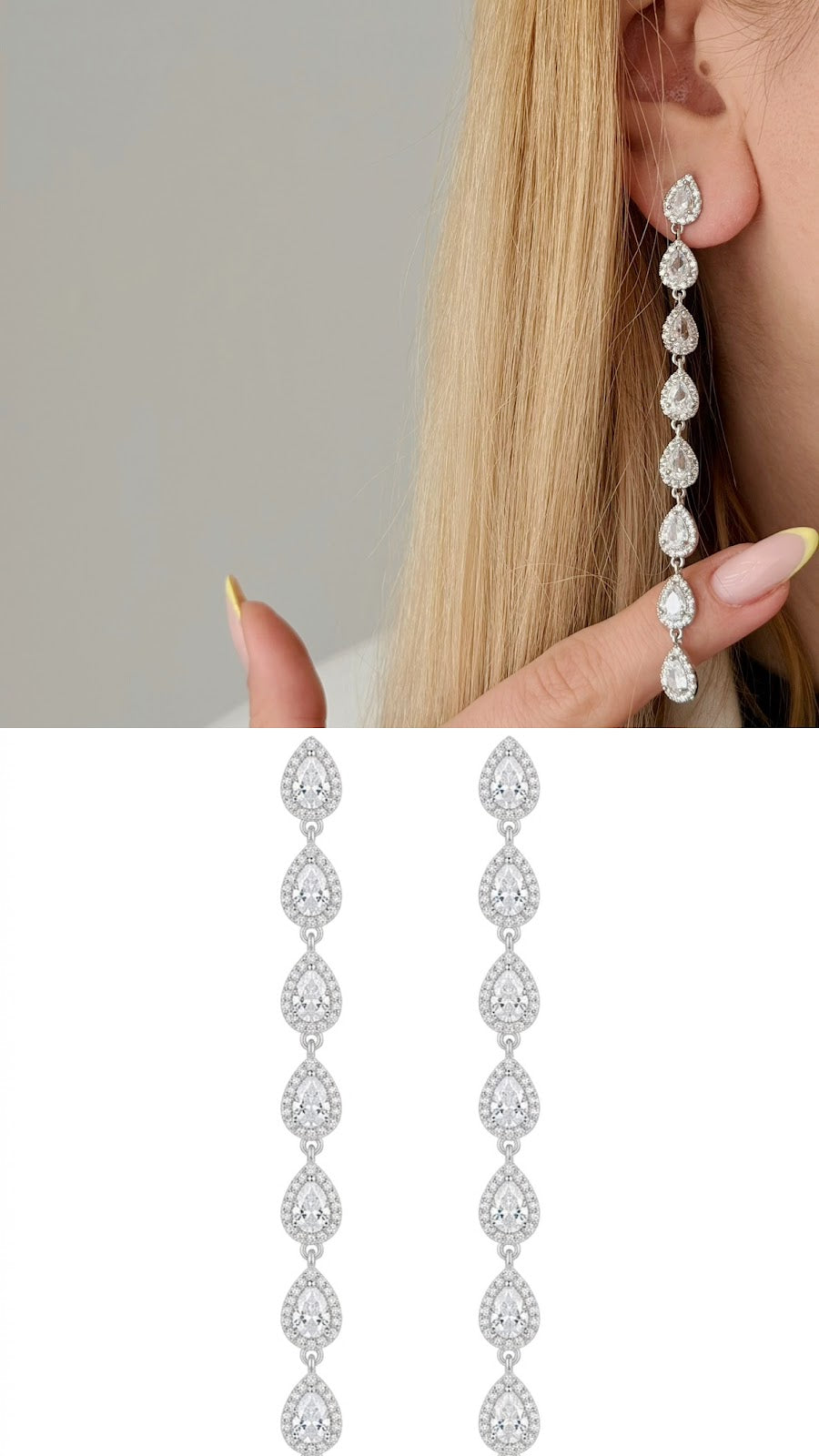 Silver CZ Halo Graduated Pear Cut Long Drop Statement Earrings - CW1STEAR0023 | Wholesale Stainless Steel Jewelry Catwalk Jewellery Europe
