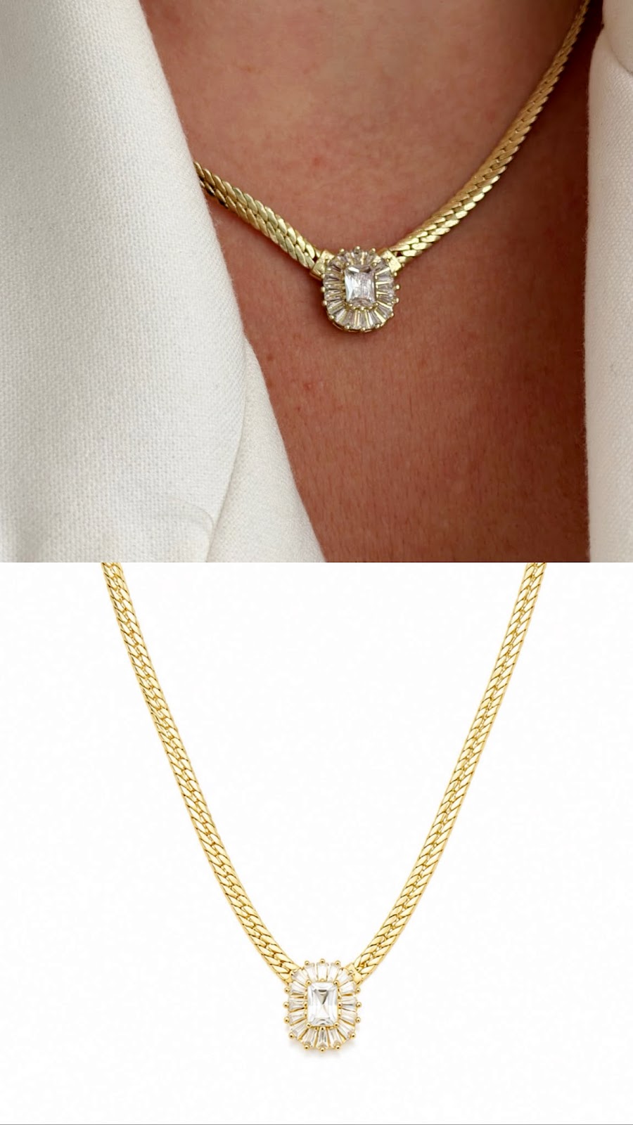 Gold CZ Baguette Halo Emerald Cut Solitaire Herringbone Necklace - CW1NKL0089 | Wholesale Stainless Steel Jewelry Catwalk Jewellery Europe