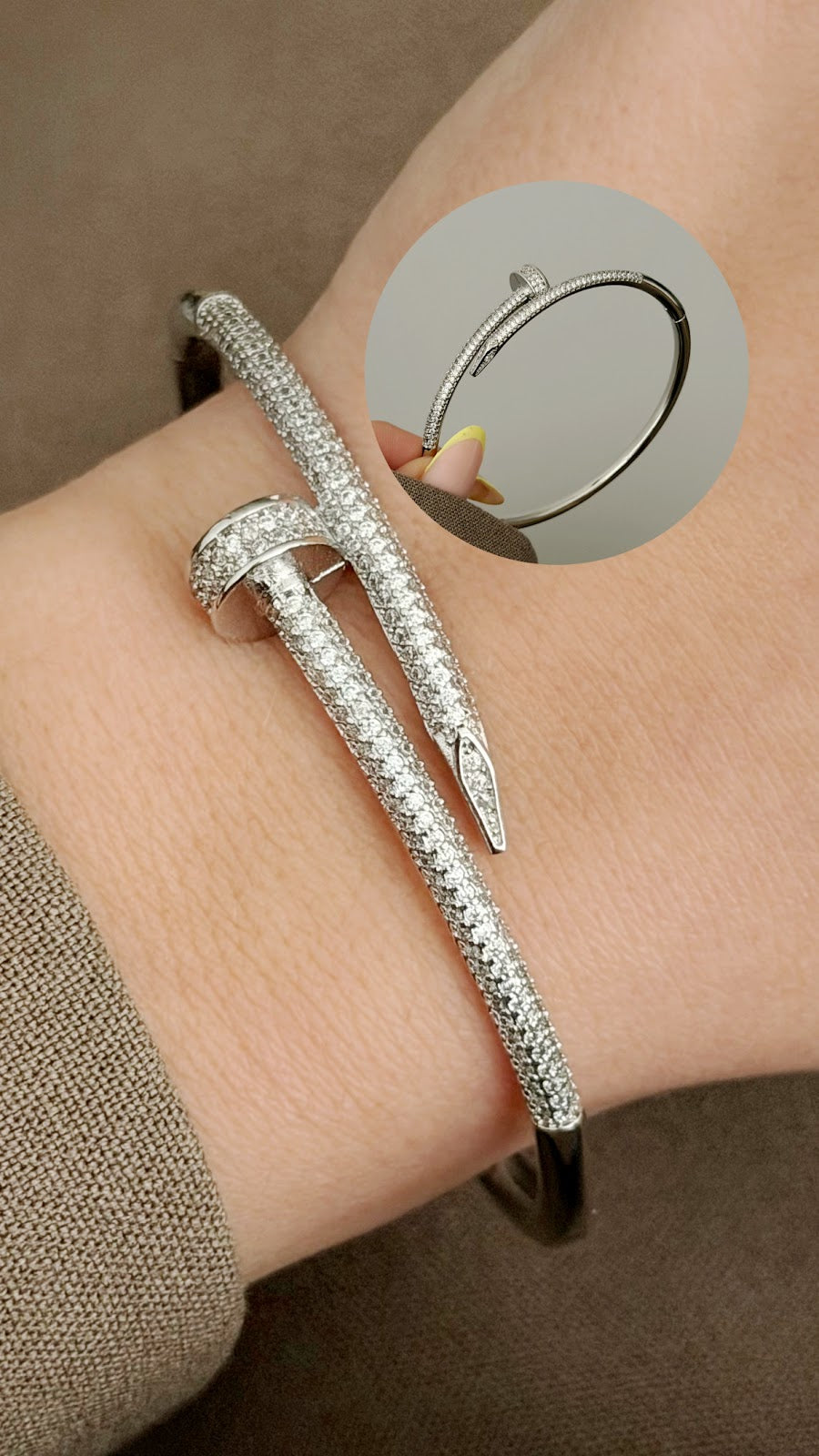 Silver CZ Pave Nail Motif Hinged Cuff Bangle - CW1CUFF0044 | Wholesale Stainless Steel Jewelry Catwalk Jewellery Europe