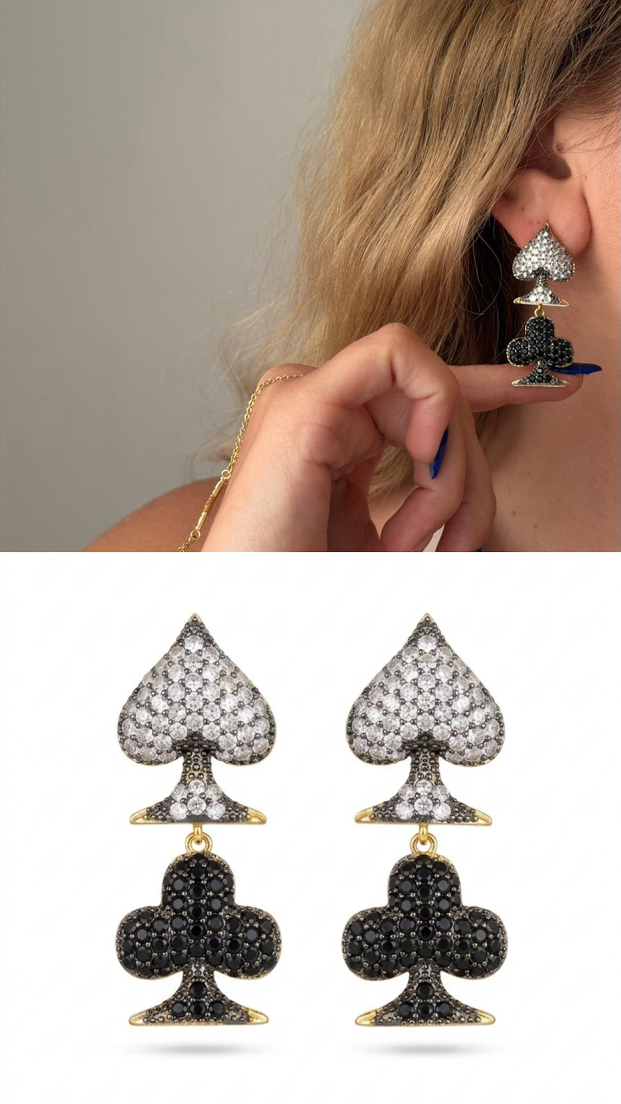Two Tone CZ Pave Spade And Club Motif Dangle Statement Earrings - CW1VPEARNG00323 | Wholesale Stainless Steel Jewelry Catwalk Jewellery Europe
