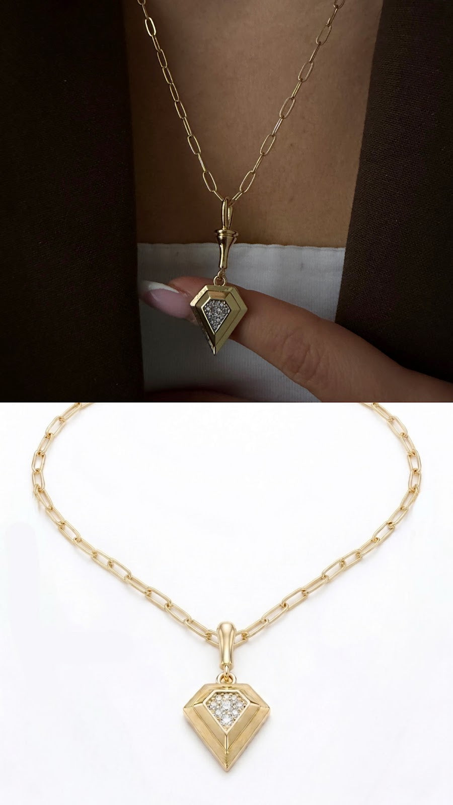 Gold CZ Pave Geometric Shield Pendant Paperclip Chain Necklace - CW1NKL0040 | Wholesale Stainless Steel Jewelry Catwalk Jewellery Europe