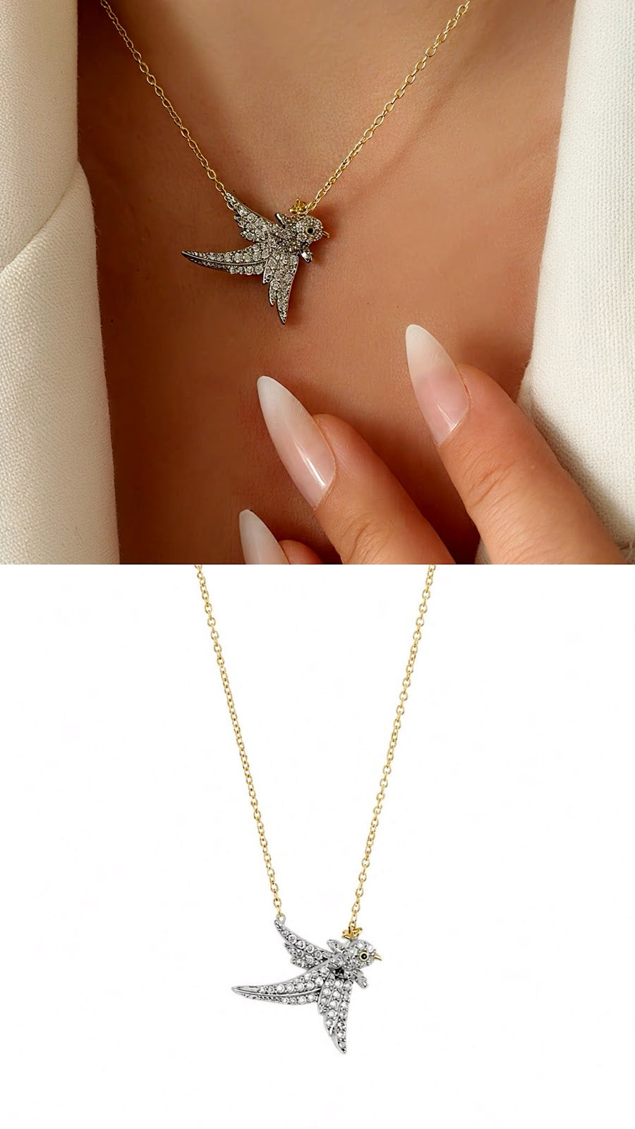 Two Tone CZ Pave Swallow Bird Pendant Necklace - CW1NKL0034 | Wholesale Stainless Steel Jewelry Catwalk Jewellery Europe
