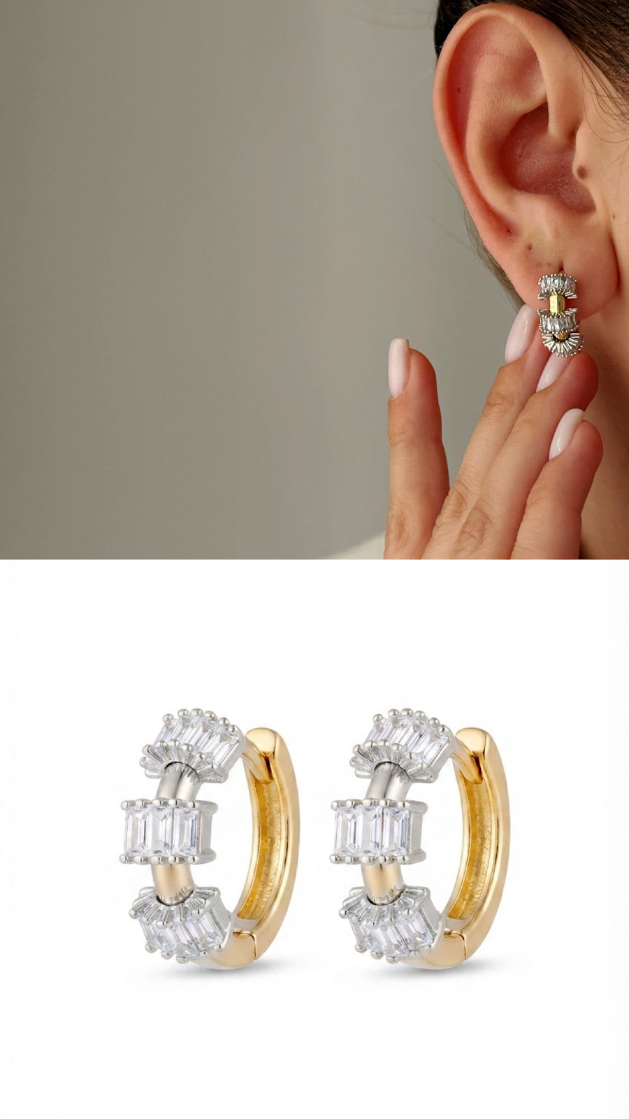 18K Gold Plated Stainless Steel Baguette CZ Huggie Hoop Earrings Wholesale - CW1VPEARNG00342 | Wholesale Stainless Steel Jewelry Catwalk Jewellery Europe