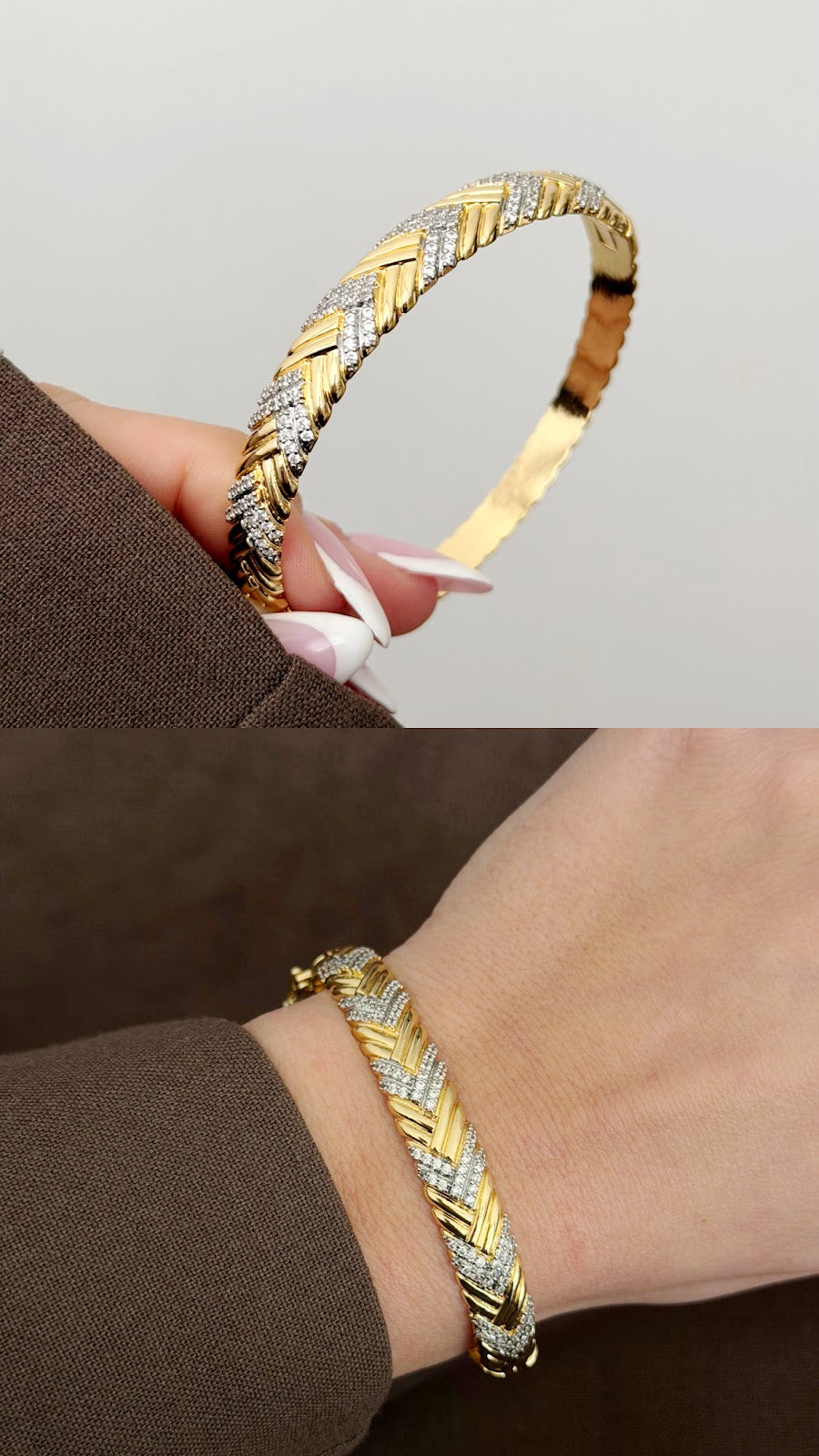 Gold CZ Pave Chevron Herringbone Braided Hinged Cuff Bangle - CW1CUFF0032 | Wholesale Stainless Steel Jewelry Catwalk Jewellery Europe