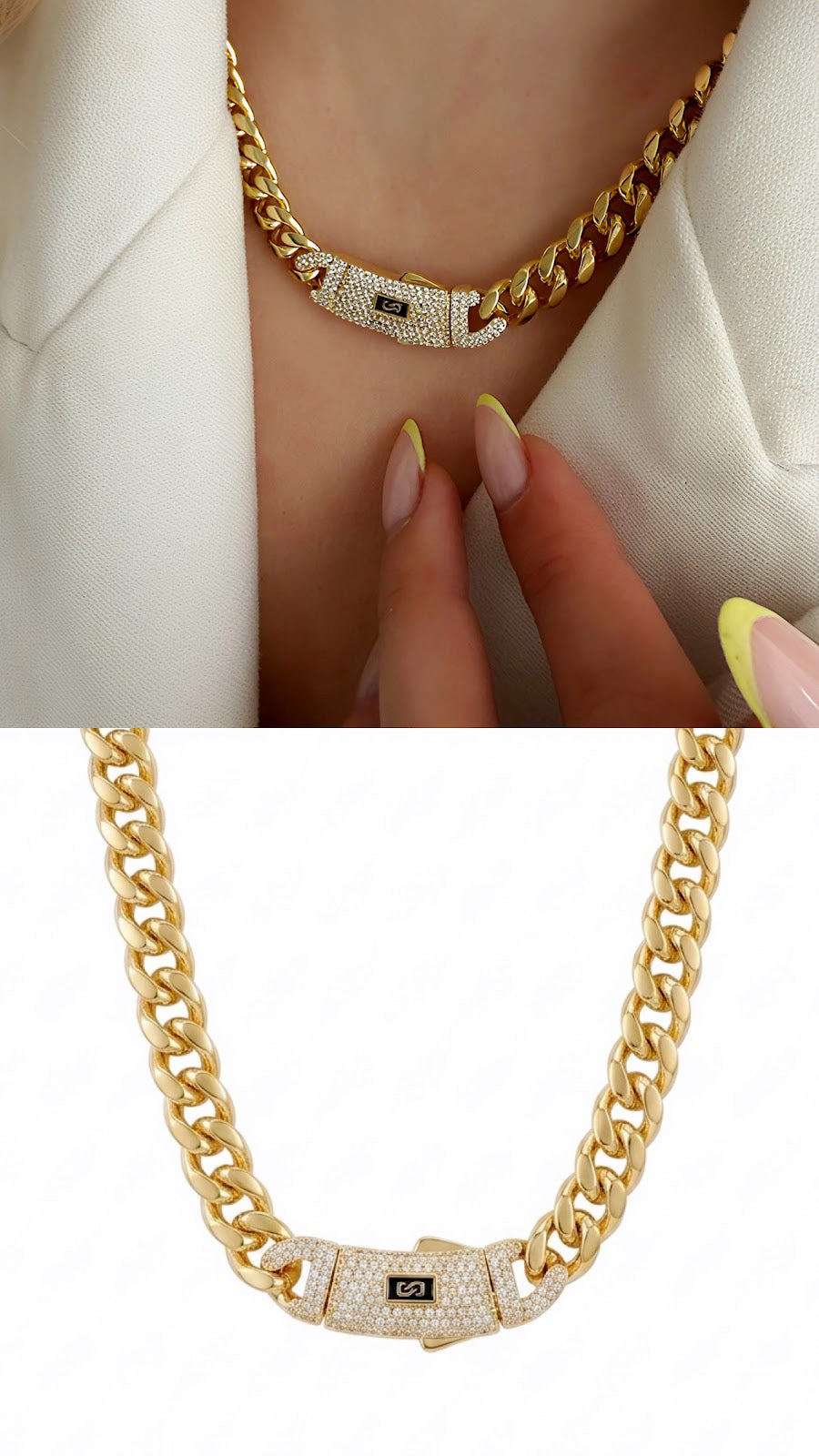 Gold CZ Pave Chunky Monaco Clasp Curb Chain Statement Necklace - CW1NKL00136 | Wholesale Stainless Steel Jewelry Catwalk Jewellery Europe
