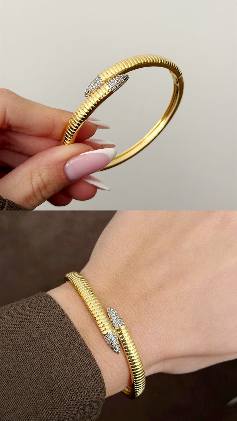 Gold CZ Pave Bypass Snake Textured Hinged Cuff Bangle - CW1CUFF0017 | Wholesale Stainless Steel Jewelry Catwalk Jewellery Europe