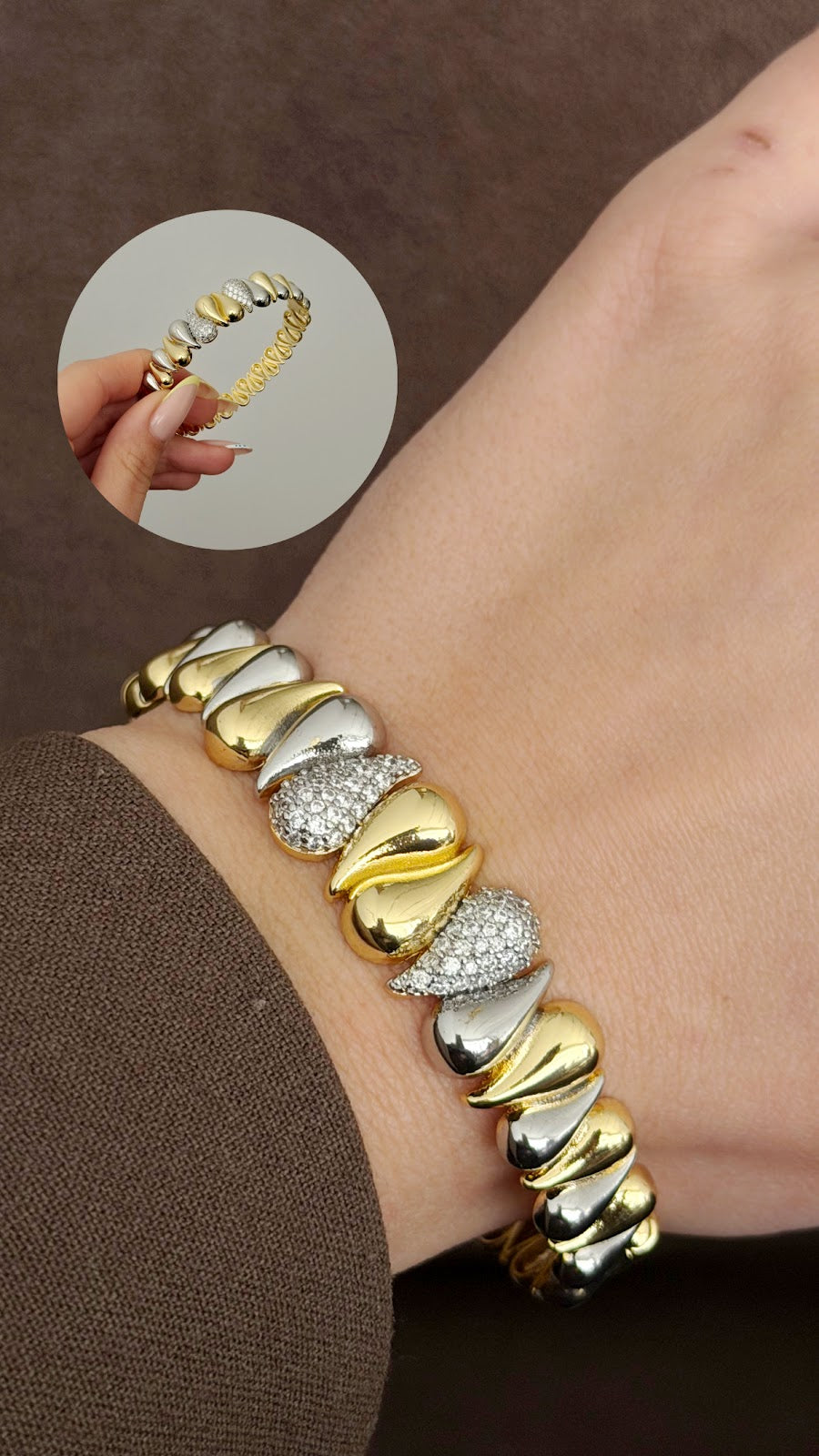 Two Tone CZ Pave Teardrop Swirl Flex Cuff Bangle - CW1CUFF0034 | Wholesale Stainless Steel Jewelry Catwalk Jewellery Europe
