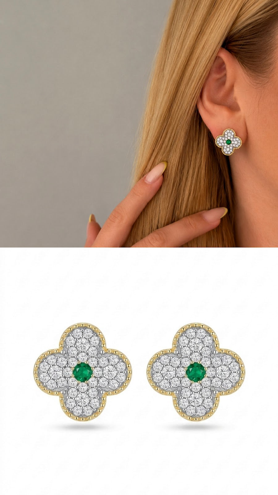 Two Tone CZ Pave Emerald Center Clover Stud Earrings V3 - CW1VPEARNG00155 | Wholesale Stainless Steel Jewelry Catwalk Jewellery Europe