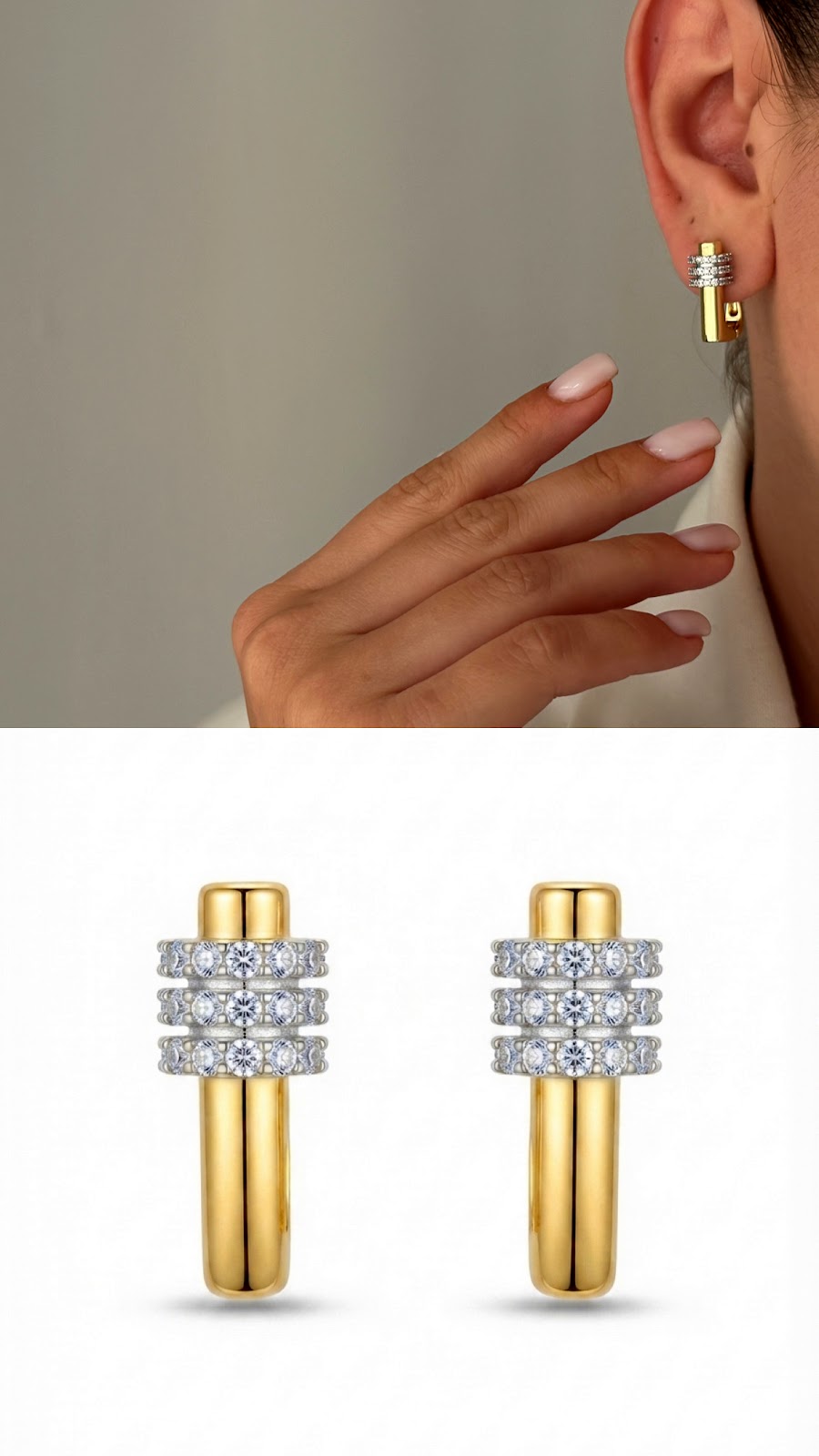 Two Tone CZ Pave Triple Band T Bar Stud Earrings - CW1VPEARNG00190 | Wholesale Stainless Steel Jewelry Catwalk Jewellery Europe