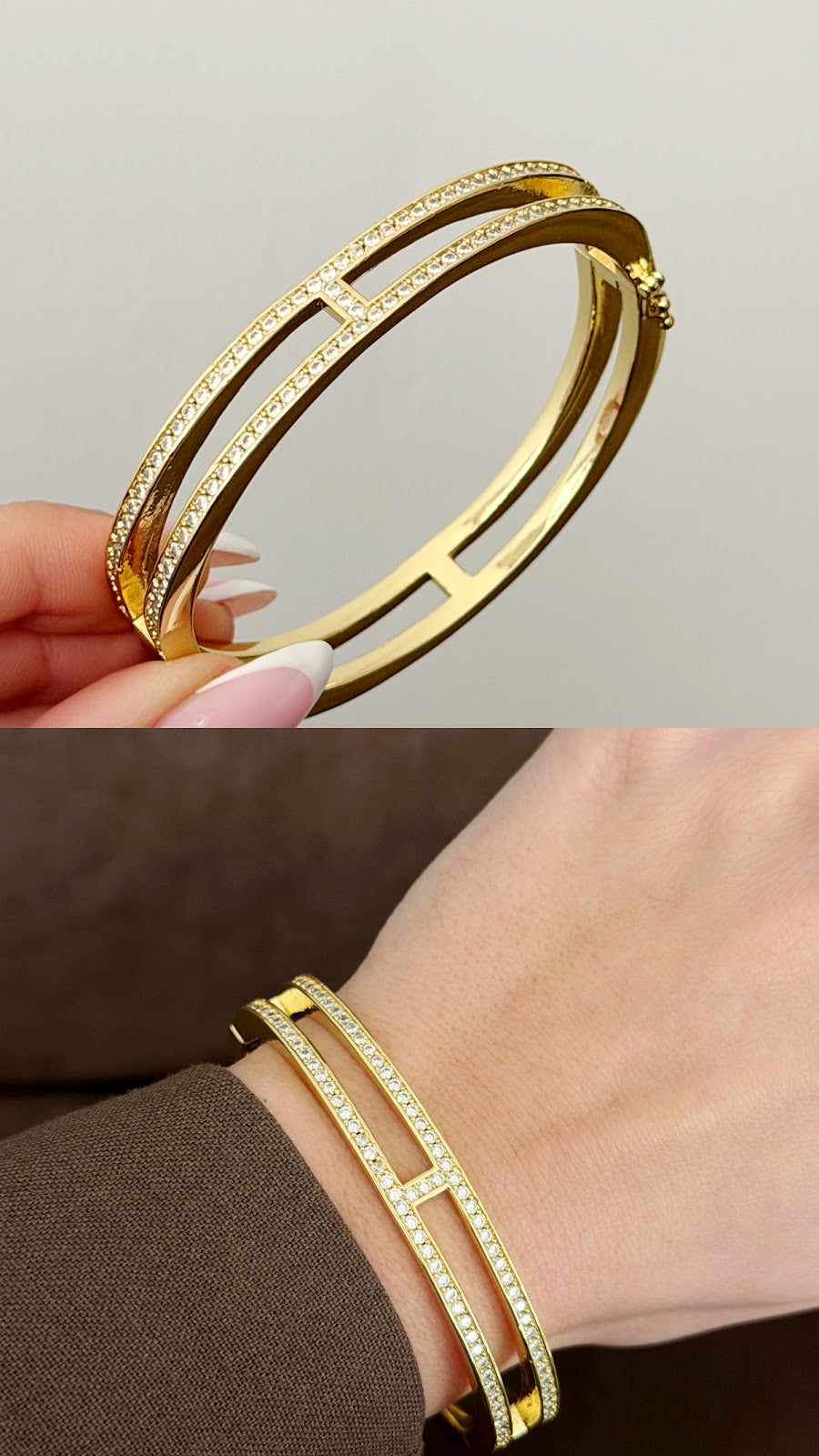 Gold CZ Pave Double Band H Link Hinged Cuff Bangle - CW1CUFF0039 | Wholesale Stainless Steel Jewelry Catwalk Jewellery Europe