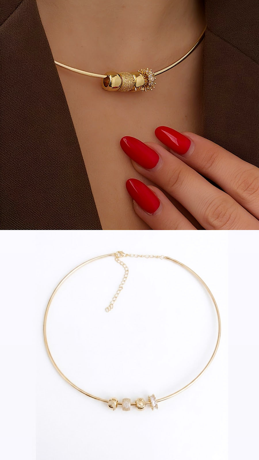 Gold CZ Pave Textured Slider Beads Torque Choker Collar Necklace - CW1NKL0094 | Wholesale Stainless Steel Jewelry Catwalk Jewellery Europe