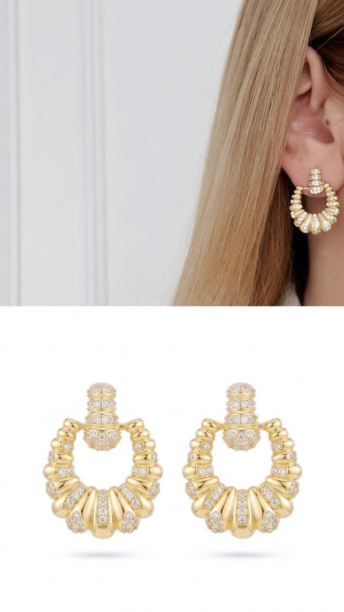 18K Gold Plated Stainless Steel Textured Pave CZ Ribbed Hoop Earrings Wholesale - CW1VPEARNG00343 | Wholesale Stainless Steel Jewelry Catwalk Jewellery Europe