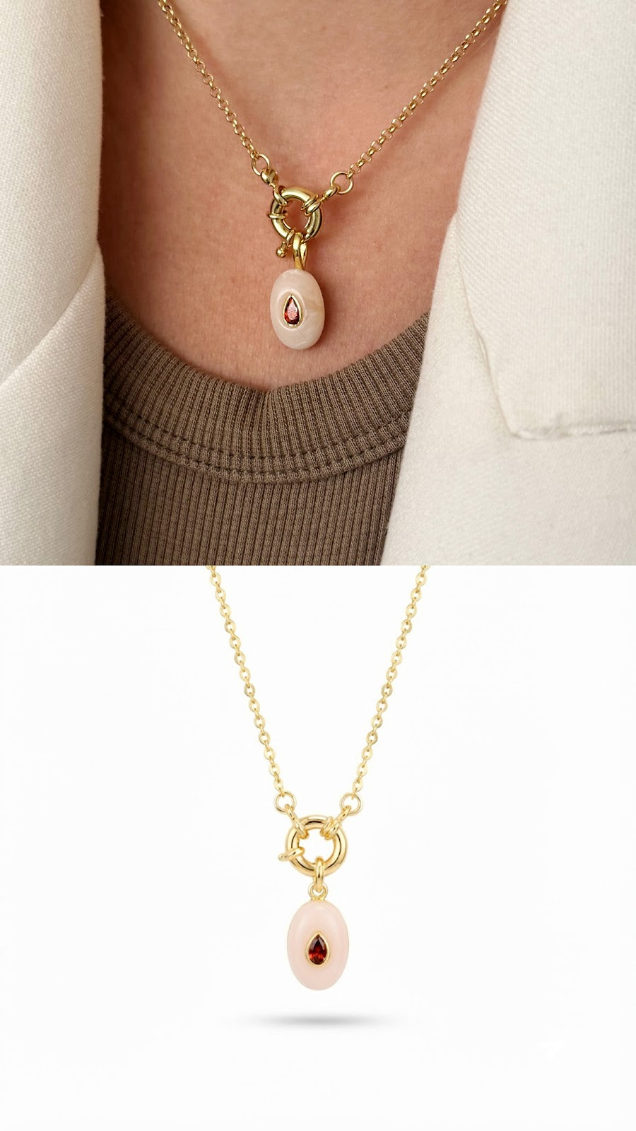 Gold Pink Enamel Oval Ruby CZ Spring Ring Necklace - CW1NKL0073 | Wholesale Stainless Steel Jewelry Catwalk Jewellery Europe