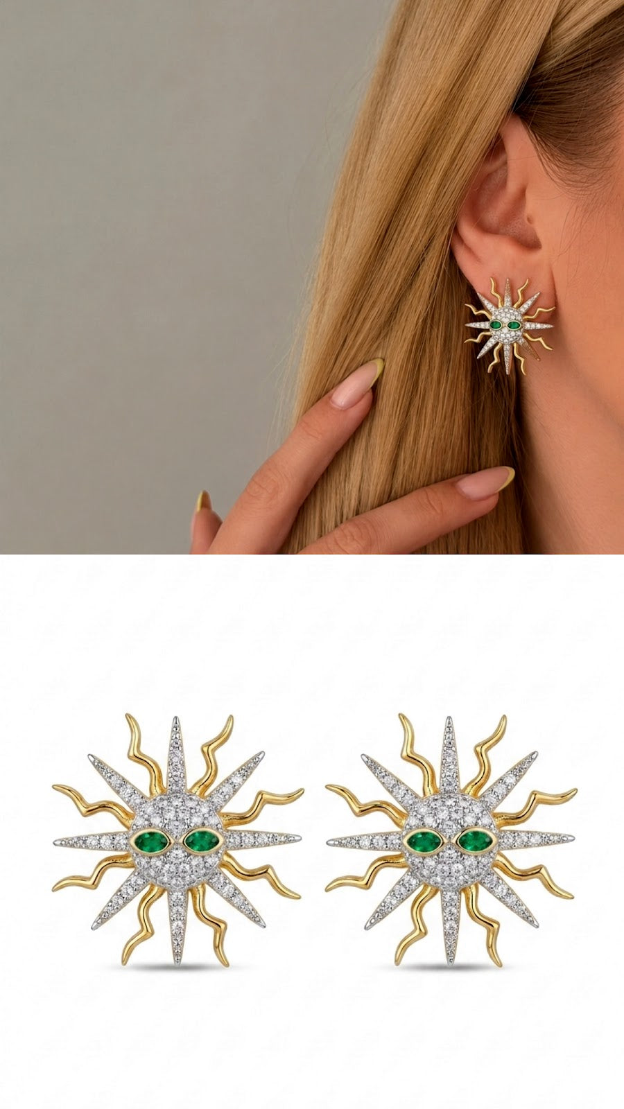 Two Tone CZ Pave Sunburst Emerald Accent Stud Earrings - CW1VPEARNG00200 | Wholesale Stainless Steel Jewelry Catwalk Jewellery Europe