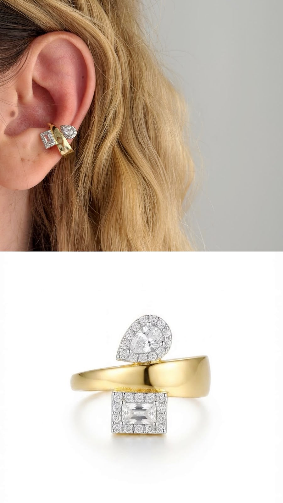 Gold CZ Pave Pear Emerald Cut Bypass Ear Cuff - CW1EARCUFF00142 | Wholesale Stainless Steel Jewelry Catwalk Jewellery Europe