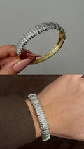Two Tone CZ Pave Tiered Tubogas Hinged Cuff Bangle - CW1CUFF0054 | Wholesale Stainless Steel Jewelry Catwalk Jewellery Europe