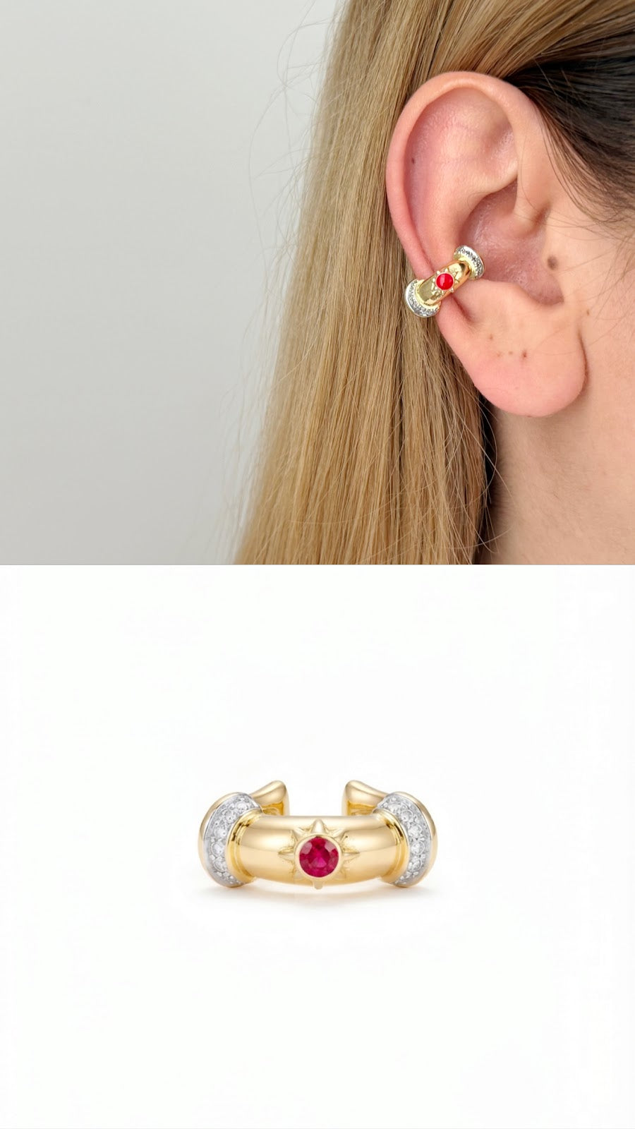 Gold Ruby Red Stone CZ Pave Chunky Ear Cuff - CW1EARCUFF00134 | Wholesale Stainless Steel Jewelry Catwalk Jewellery Europe