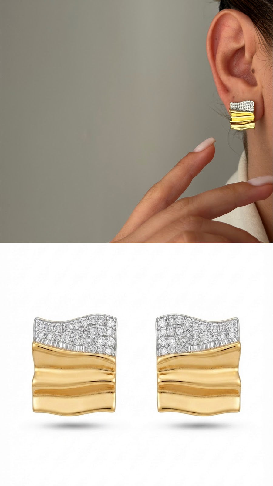Two Tone CZ Pave Wavy Rectangular Stud Earrings - CW1VPEARNG00189 | Wholesale Stainless Steel Jewelry Catwalk Jewellery Europe