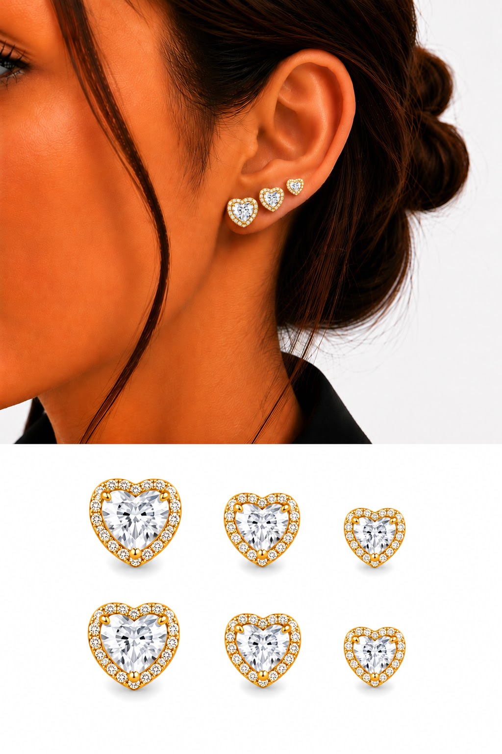 Gold CZ Pave Heart Cut Halo Graduated Stud Earring Set Of 3 - CW1VPEARNG00277 | Wholesale Stainless Steel Jewelry Catwalk Jewellery Europe