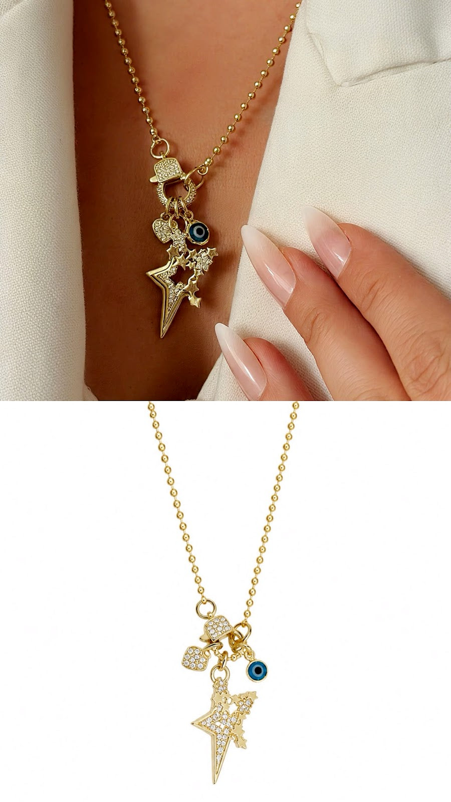 Gold CZ Pave Multi Charm Star Evil Eye Ball Chain Necklace - CW1NKL0084 | Wholesale Stainless Steel Jewelry Catwalk Jewellery Europe
