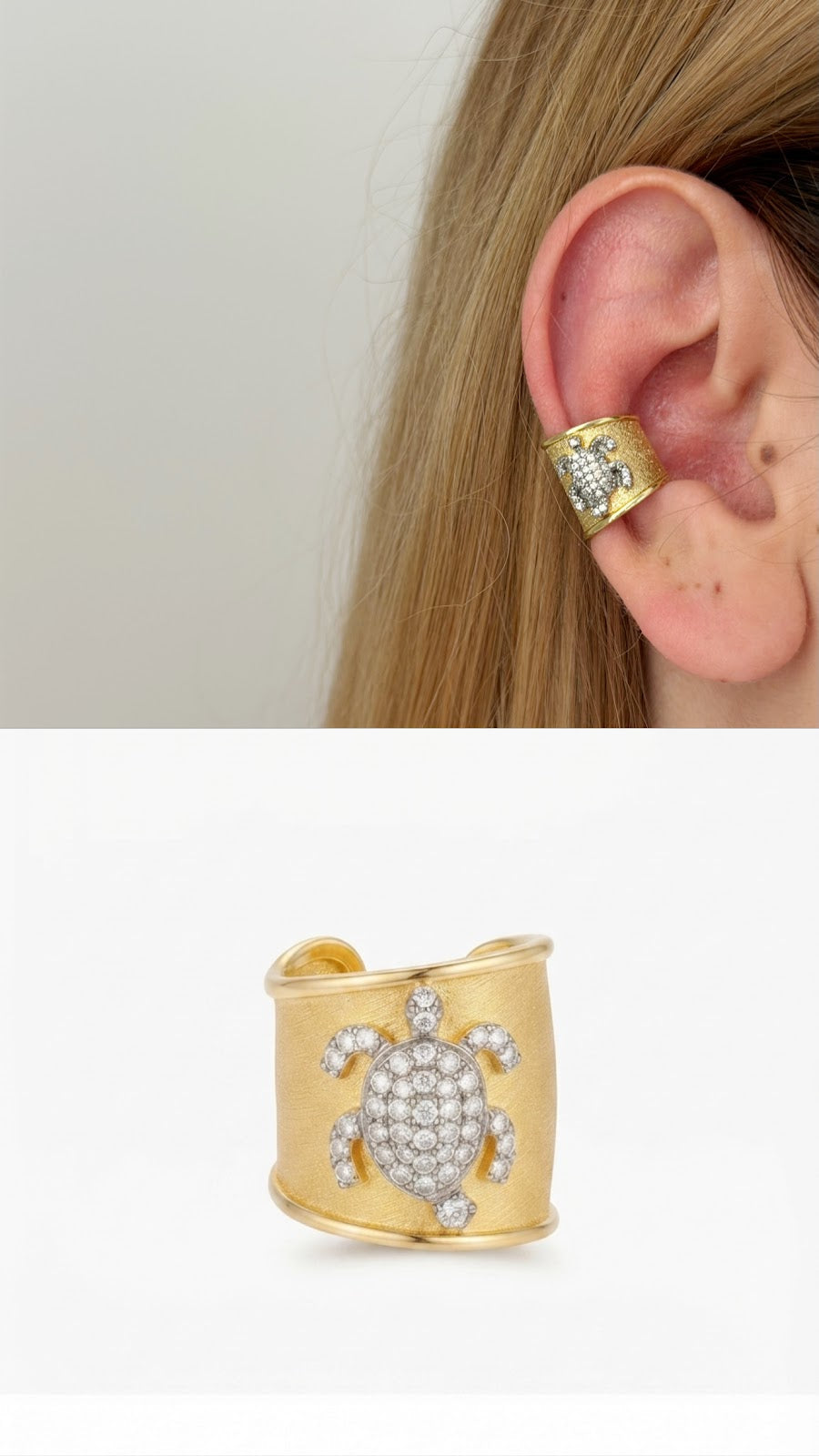 Gold Textured CZ Pave Turtle Wide Ear Cuff - CW1EARCUFF00129 | Wholesale Stainless Steel Jewelry Catwalk Jewellery Europe