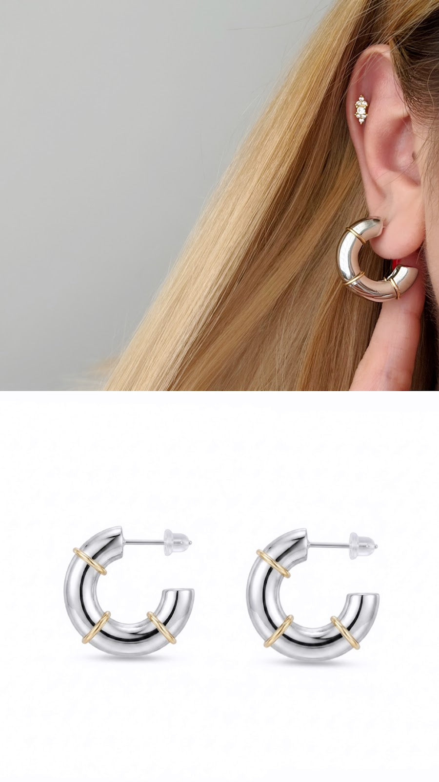 Silver Color 18K Gold Plated Stainless Steel Two Tone Ribbed Chunky C Hoop Earrings Wholesale - CW1VPEARNG00337 | Wholesale Stainless Steel Jewelry Catwalk Jewellery Europe