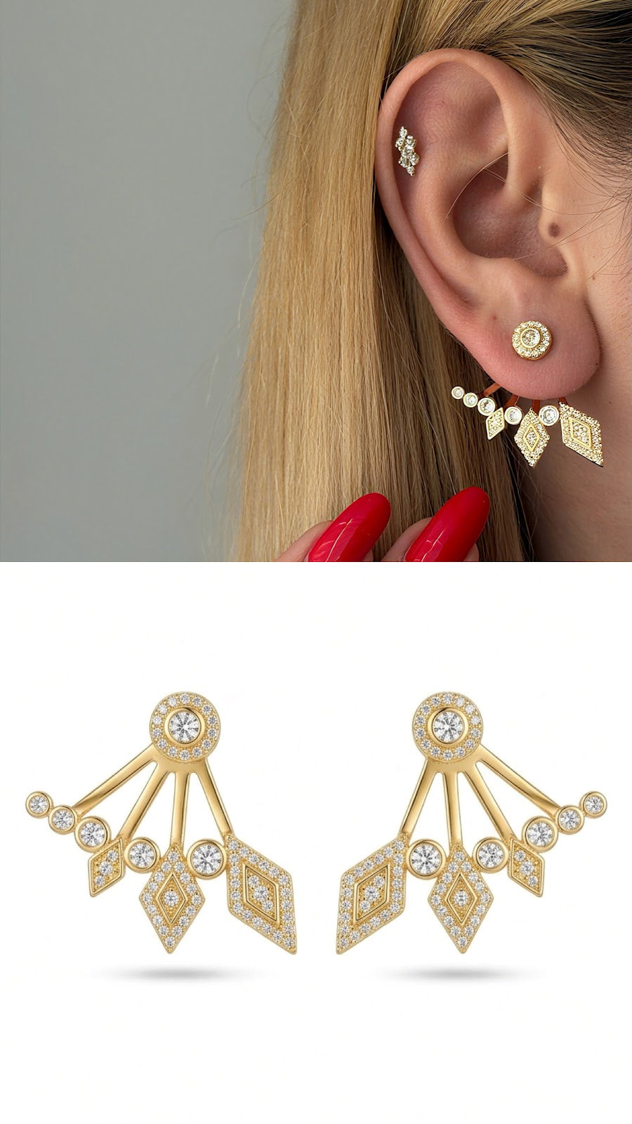 Gold CZ Pave Geometric Diamond Shape Fan Ear Jacket Earrings - CW1VPEARNG00249 | Wholesale Stainless Steel Jewelry Catwalk Jewellery Europe