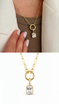 Gold Emerald Cut CZ Solitaire Spring Ring Paperclip Chain Necklace - CW1NKL0081 | Wholesale Stainless Steel Jewelry Catwalk Jewellery Europe