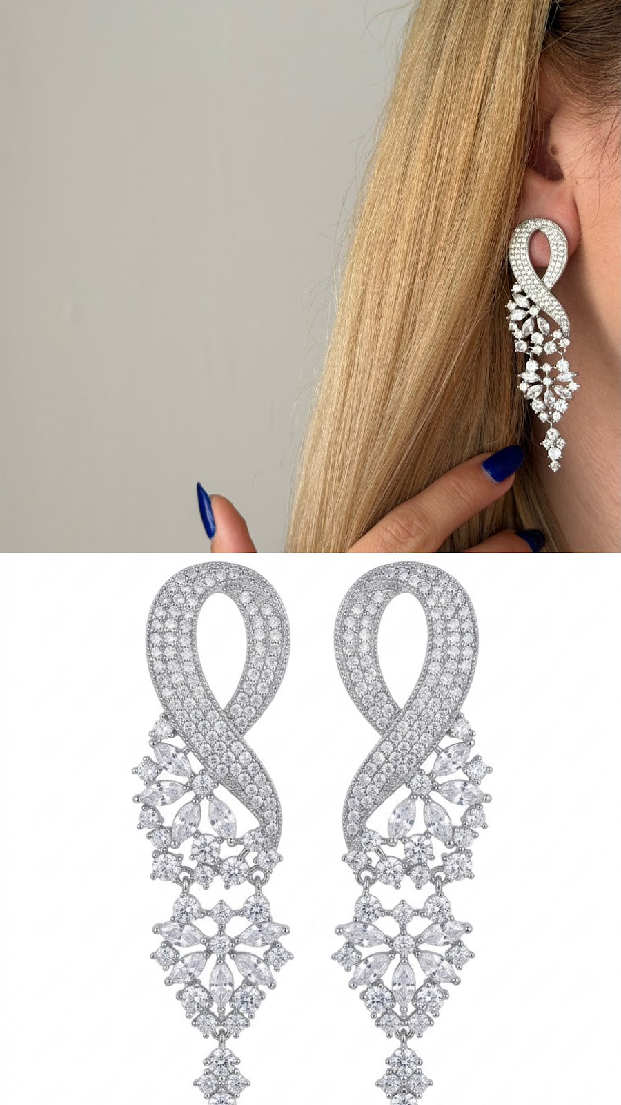 Silver CZ Pave Ribbon Infinity Marquise Cluster Chandelier Statement Earrings - CW1STEAR0032 | Wholesale Stainless Steel Jewelry Catwalk Jewellery Europe