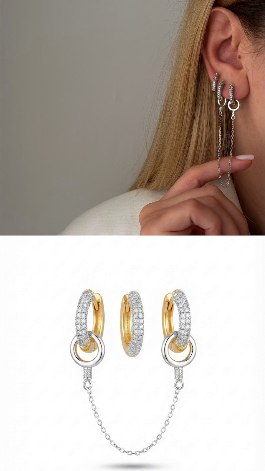Two Tone CZ Pave Interlocking Circle Drape Chain Huggie Hoop Set Of 3 - CW1VPEARNG00291 | Wholesale Stainless Steel Jewelry Catwalk Jewellery Europe