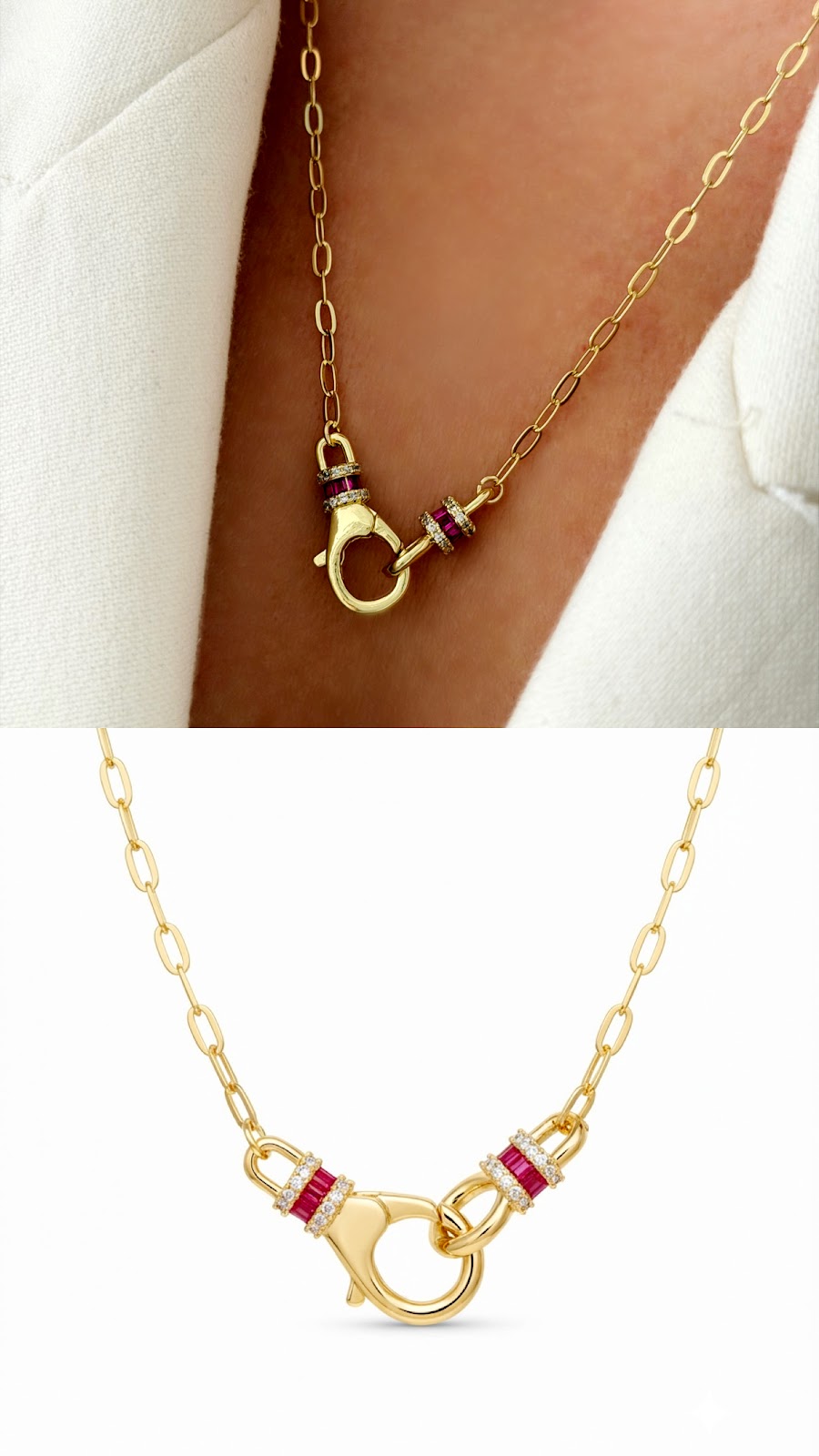 18K Gold Plated Stainless Steel Red CZ Baguette Double Clasp Paperclip Chain Necklace Wholesale - CW1NKL00172 | Wholesale Stainless Steel Jewelry Catwalk Jewellery Europe